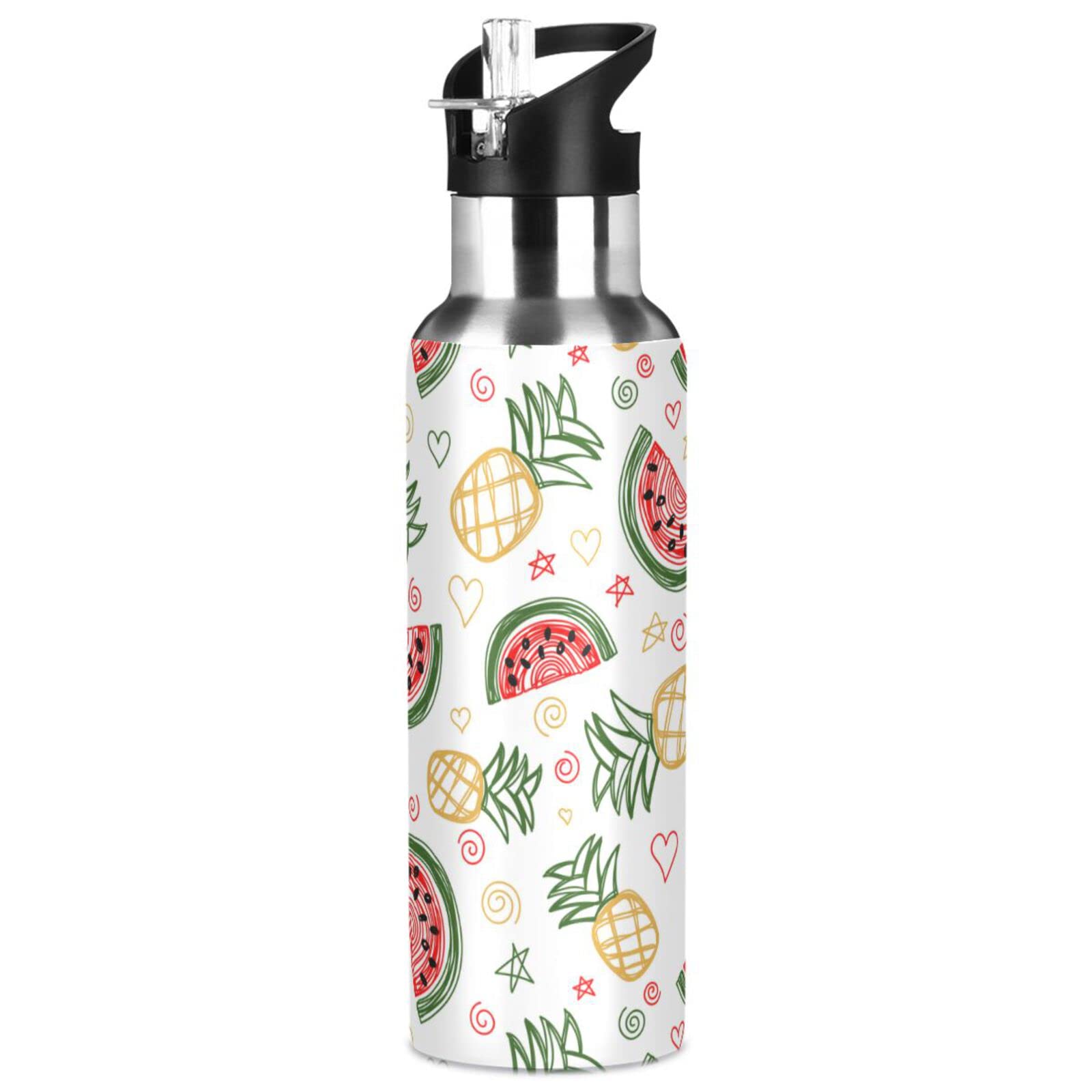 ALAZA 32oz Insulated Water Bottle with Straw - Watermelon Pineapple Design for Gym & Travel