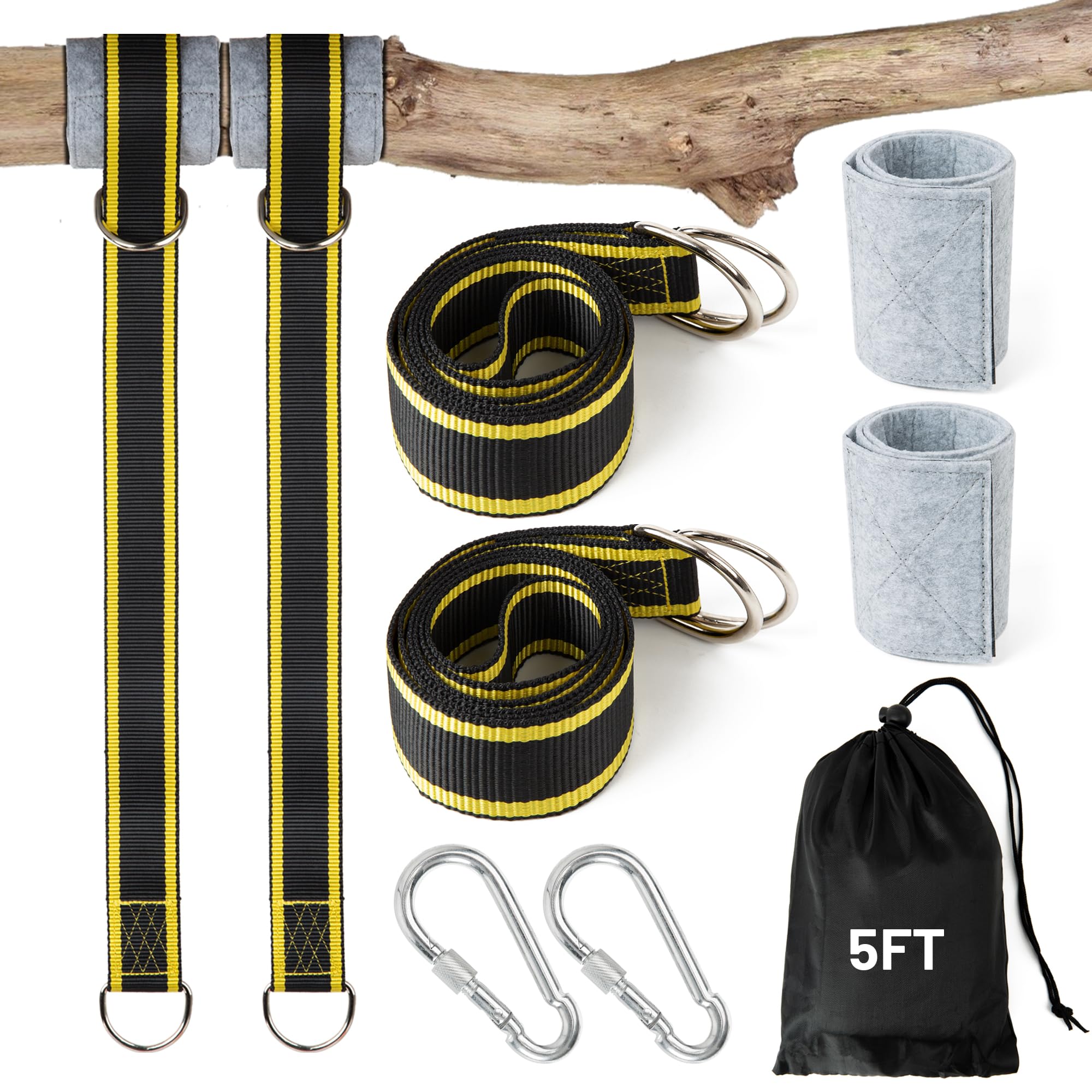 Heavy Duty Tree Swing Straps Kit - 3000 lbs Capacity with Safety Lock Carabiner & Spinner - 5FT Black/Yellow Tree Protector Straps for Hammocks, Swings & Outdoor Play (Backyard, Park, Camping)