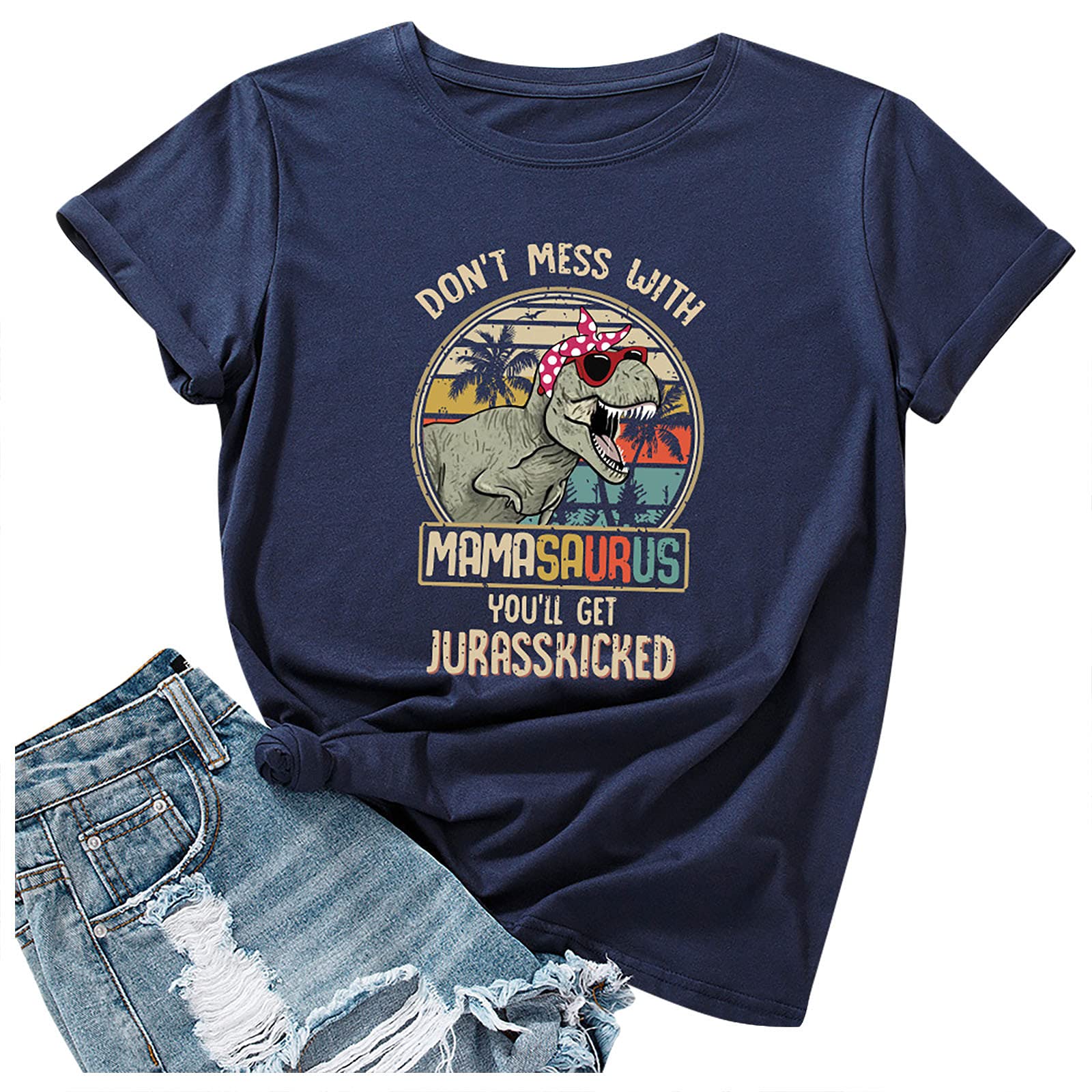DESKABLY Women's Cotton Summer Tops - Casual Short Sleeve T-Shirt with Mamasaurus Letter Print | Workout Shirts & Everyday Blouses | Perfect for Yoga, Gym, and Casual Outings