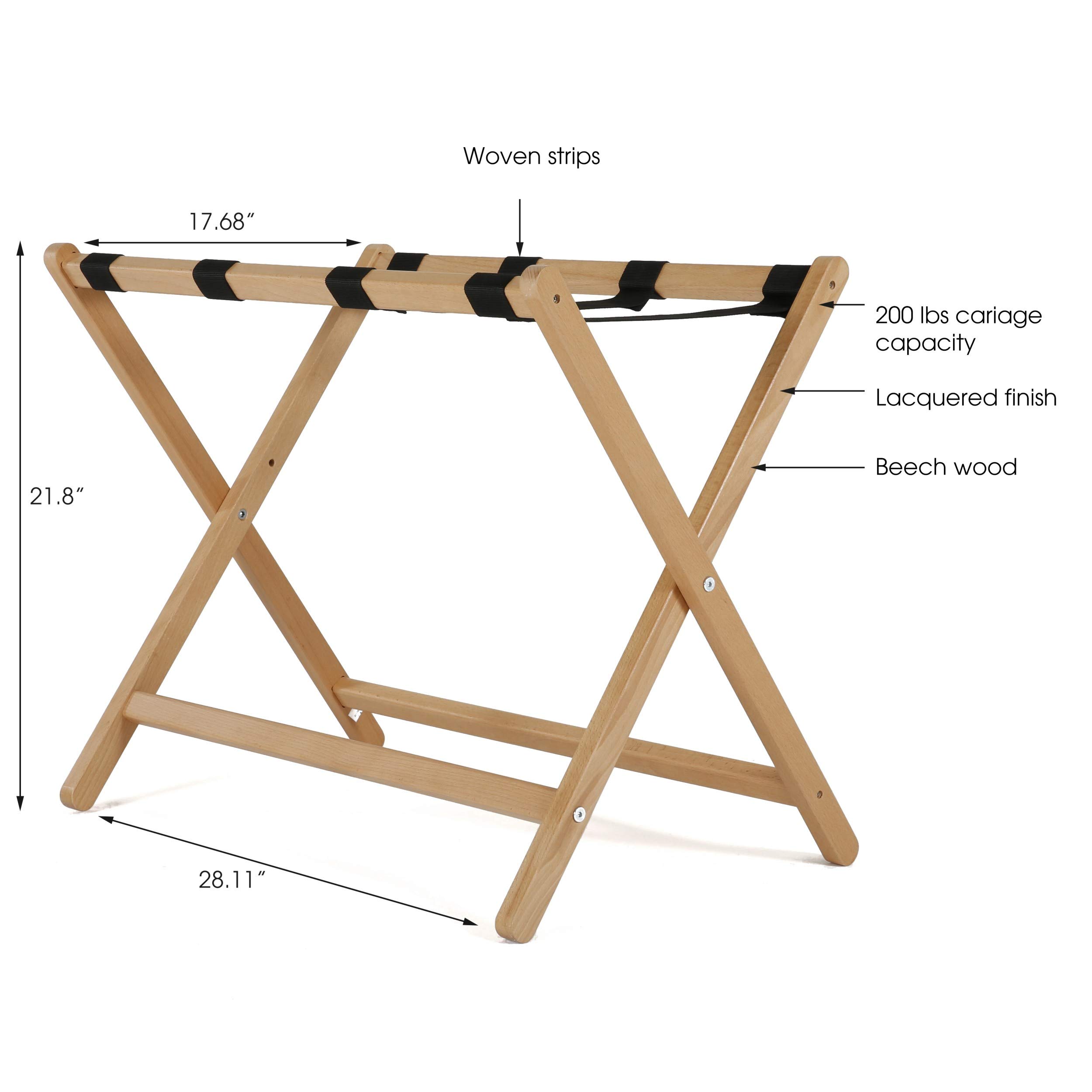 Beech Wood Folding Luggage Rack with Woolen Strips - Heavy Duty 200 lbs Capacity Suitcase Stand (18x30 Inches) - Natural Wood for Home, Hotel, Gym, Spa & Guest Room - Perfect for Travel Storage & Organization