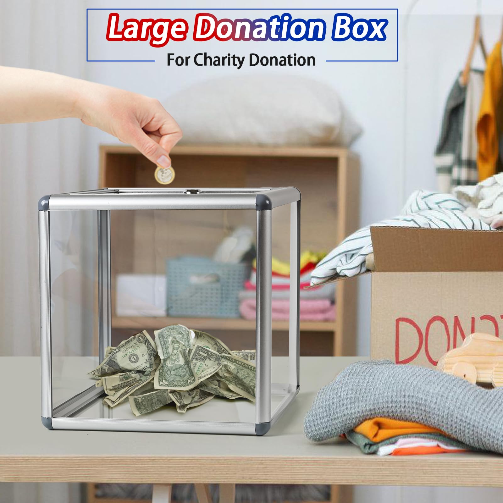11.41 Inch Large Acrylic Donation Box with Lock - Secure Cash Storage Container for Fundraising, Voting & Raffle Tickets | Perfect for Charity Events, School Fundraisers & Office Contests