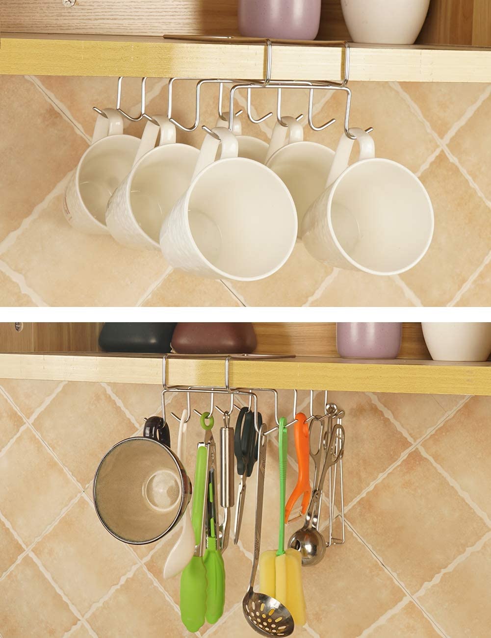 Zollyss 304 Stainless Steel Under Shelf Coffee Mug Holder - 10 Hook Space Saving Cup Rack Organizer for Kitchen, Cabinet, Counter & Table - Perfect for Small Spaces, Office Breakroom & Dorm Organization (Pack of 1)