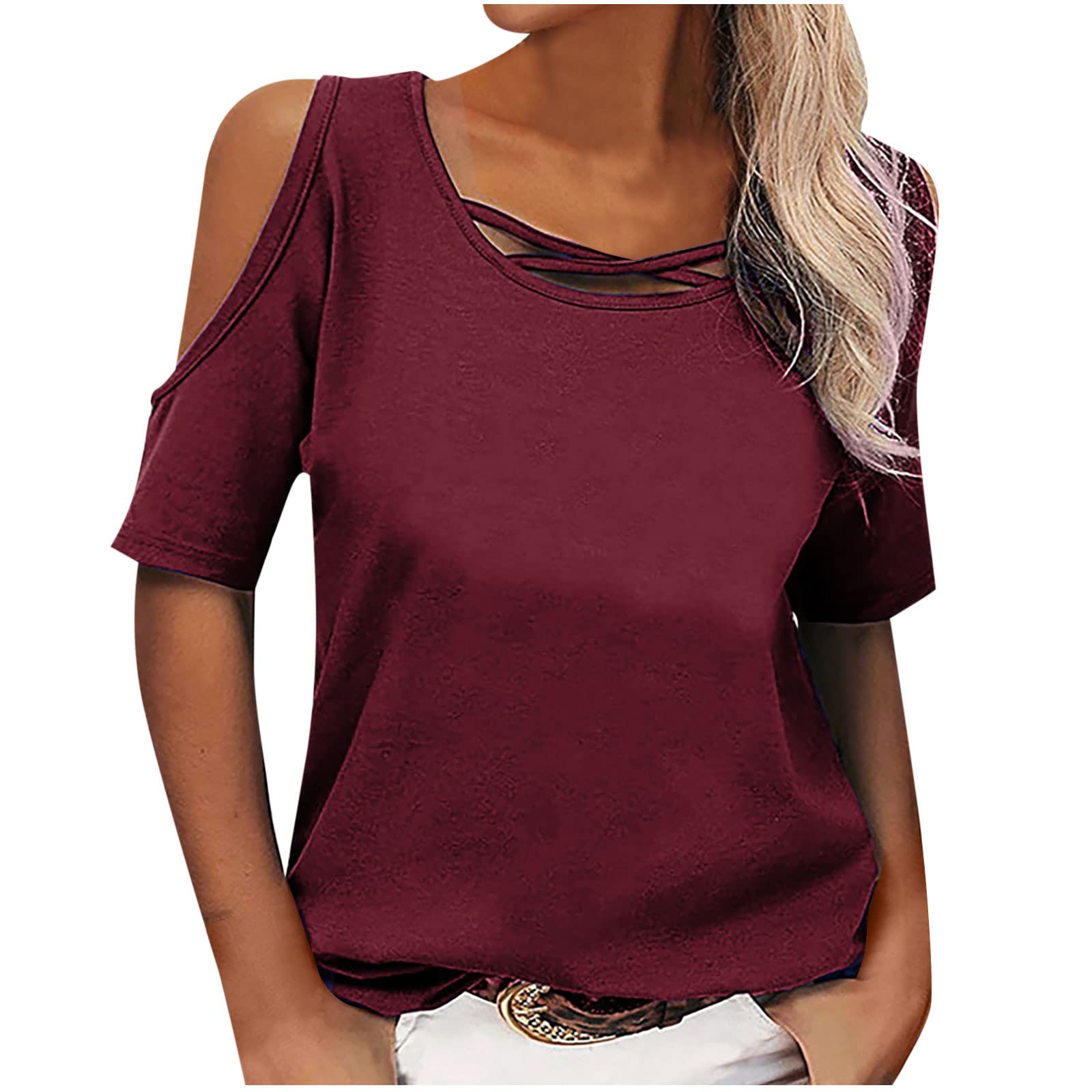 Women's Plus Size Summer Cold Shoulder Tops - Floral Print Short Sleeve Loose Blouse, Casual O-Neck T-Shirt for Beach, Vacation & Everyday Wear