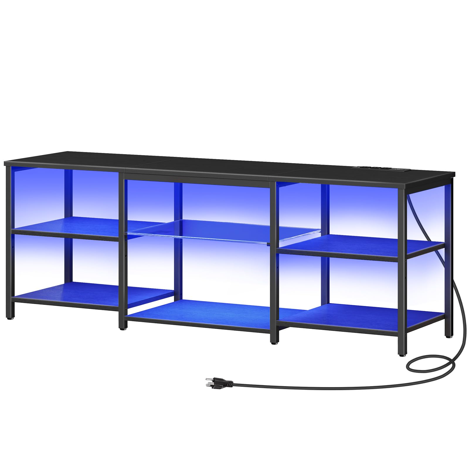HOOBRO 65 Inch LED TV Stand with Charging Station, 3-Tier Open Storage Gaming Entertainment Center, Long Media Console Table for Living Room & Bedroom - Black BB20UDDS01 | Perfect for Home Theater Setup & Gaming Stations