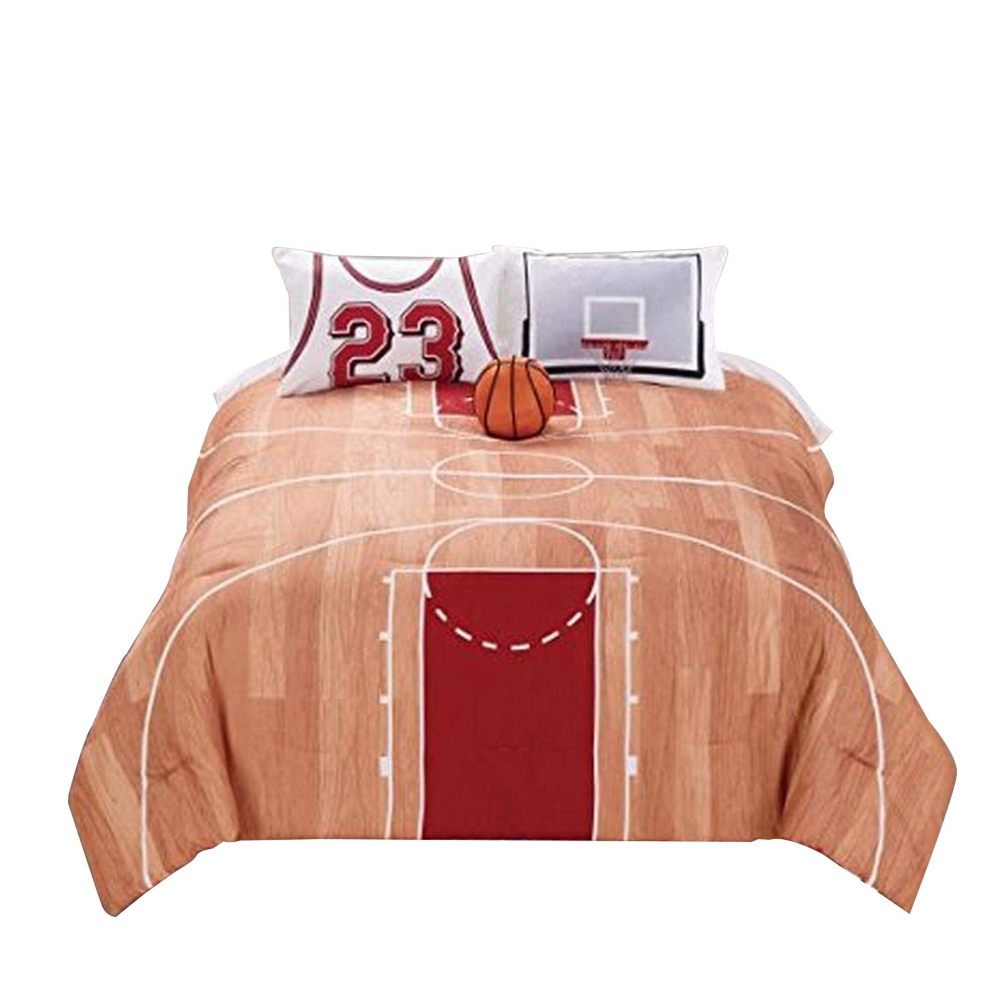 3 Piece Polyester Twin Comforter Set - Basketball Court Print in Brown, Red & White | Sports Themed Bedding for Teens & College Dorms | Modern Collegiate Decor for Boys & Girls Rooms