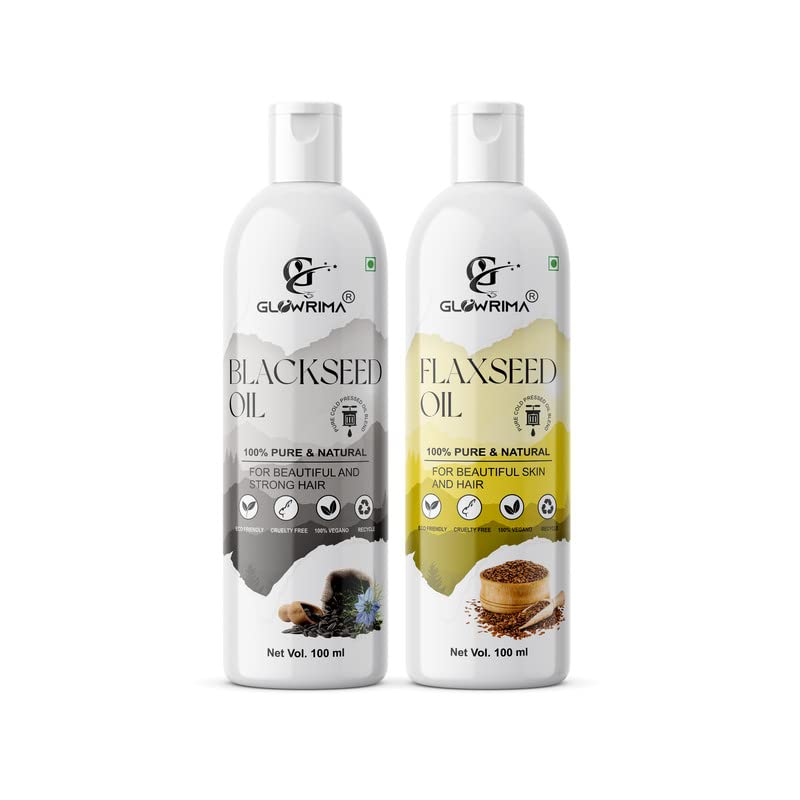 Glowrima 100% Pure Black Seed Oil & Flaxseed Oil Combo (100ML Each) - Promotes Rapid Hair Growth, Reduces Hair Fall & Split Ends for Softer, Shinier Hair - Pack of 2 | Perfect for Daily Hair Care Routine & Natural Hair Treatment