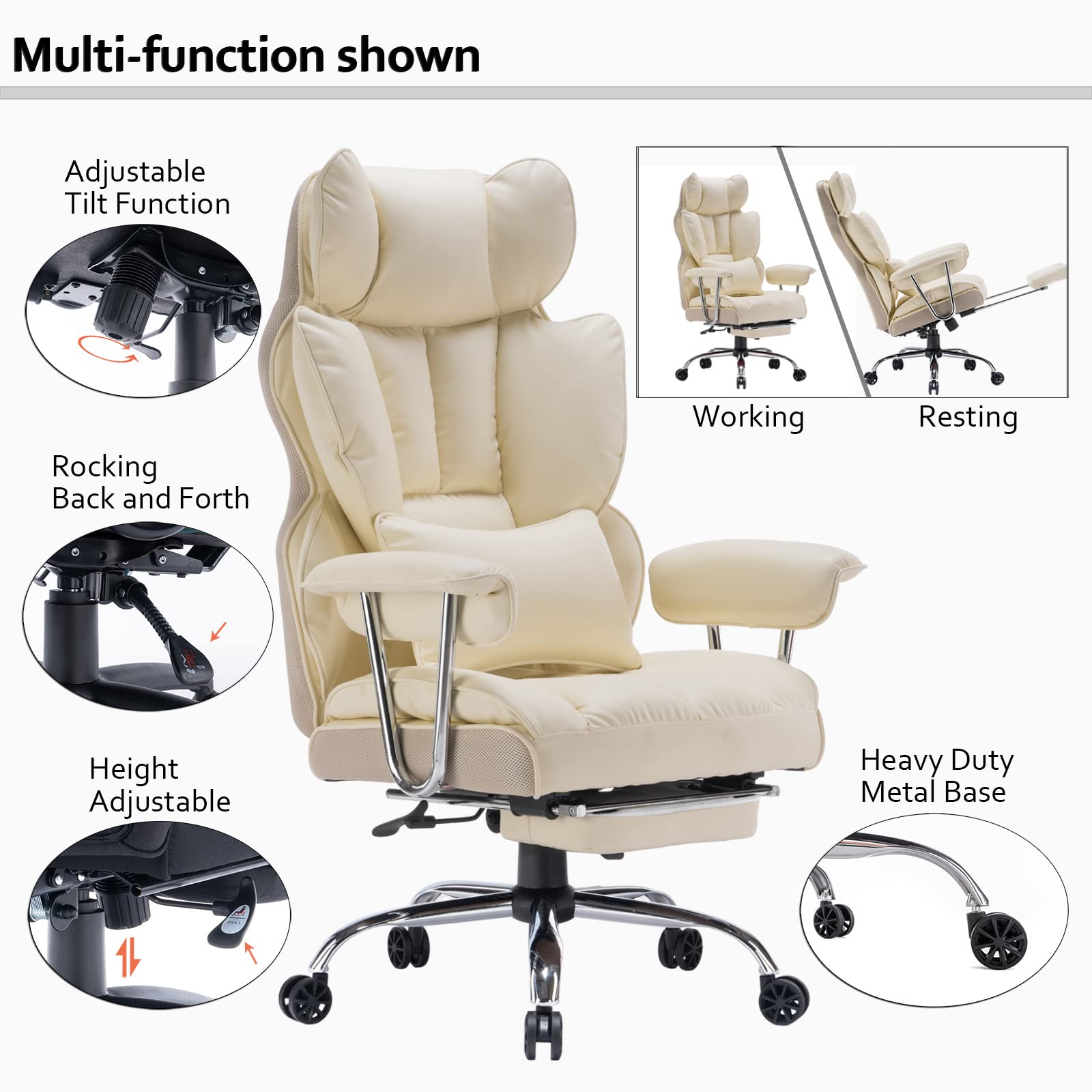 Efomao 400LBS Heavy Duty Executive Office Chair - Big and Tall PU Leather Computer Desk Chair with Adjustable Lumbar Support & Footrest - Ergonomic Home Office Chair for Work, Gaming, and Study (Beige)