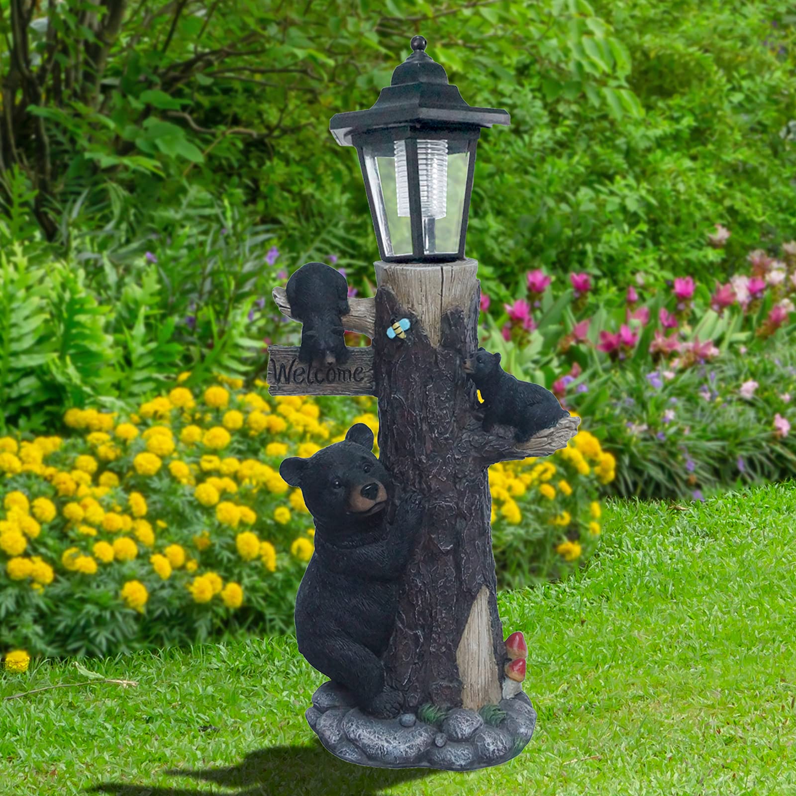 Solar-Powered Bear Statue Welcome Sign - 19 Inch Resin Bear Family on Tree Outdoor Decor for Garden, Yard, Lawn & Patio - Weatherproof Black & Brown Animal Sculpture for Rustic Home & Cabin Decor