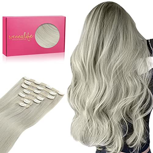 WENNALIFE 18 Inch Clip in Human Hair Extensions - 7pcs 120g Real Remy Human Hair, Double Weft Grey Hair Extensions for Women | Perfect for Parties, Weddings & Daily Styling