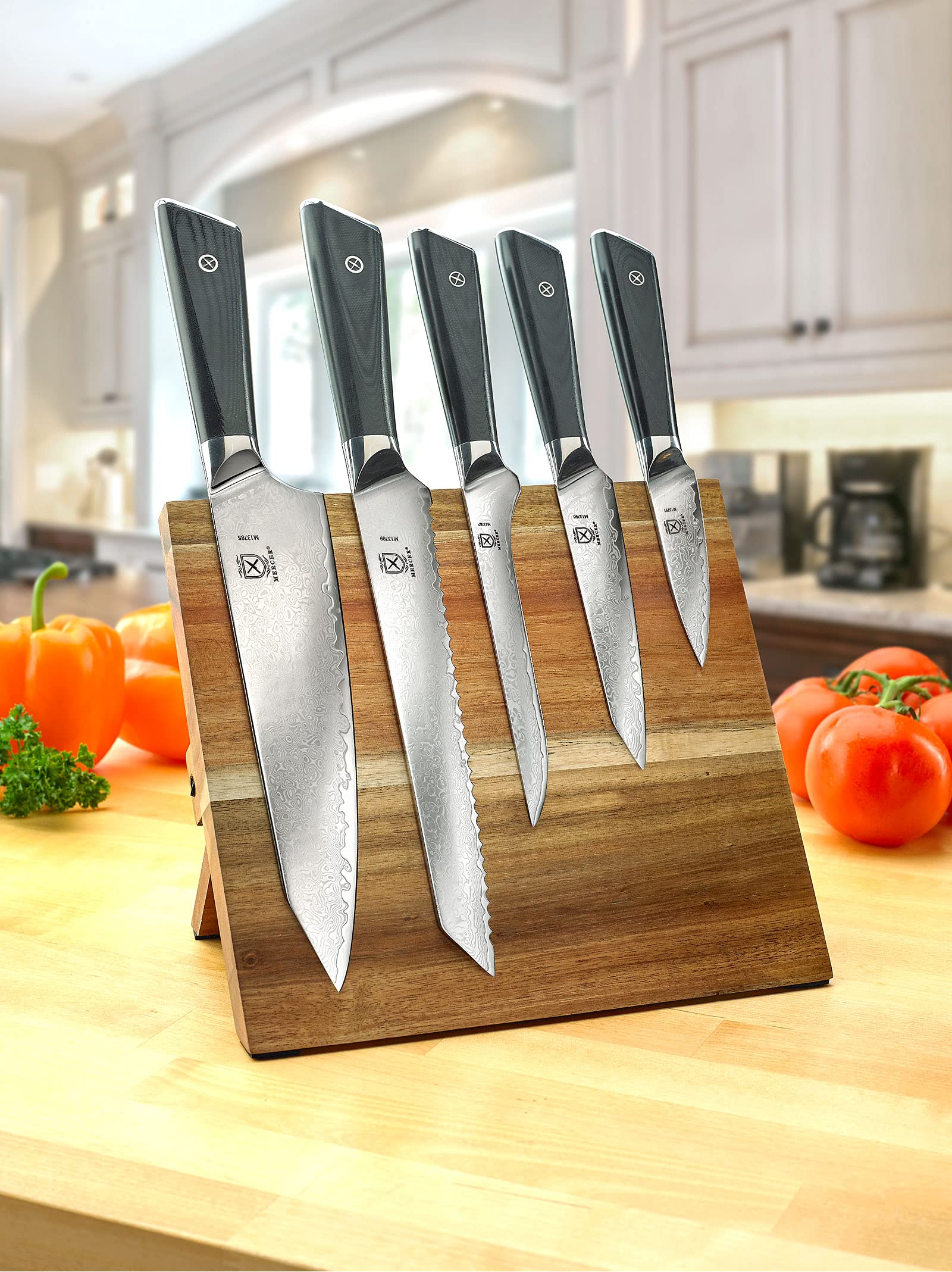 Premium 6-Piece Mercer Culinary Knife Set with G10 Handles & Magnetic Acacia Wood Stand - Professional Grade Super Steel Kitchen Cutlery for Chefs & Home Cooking - Perfect for Slicing, Dicing & Food Prep