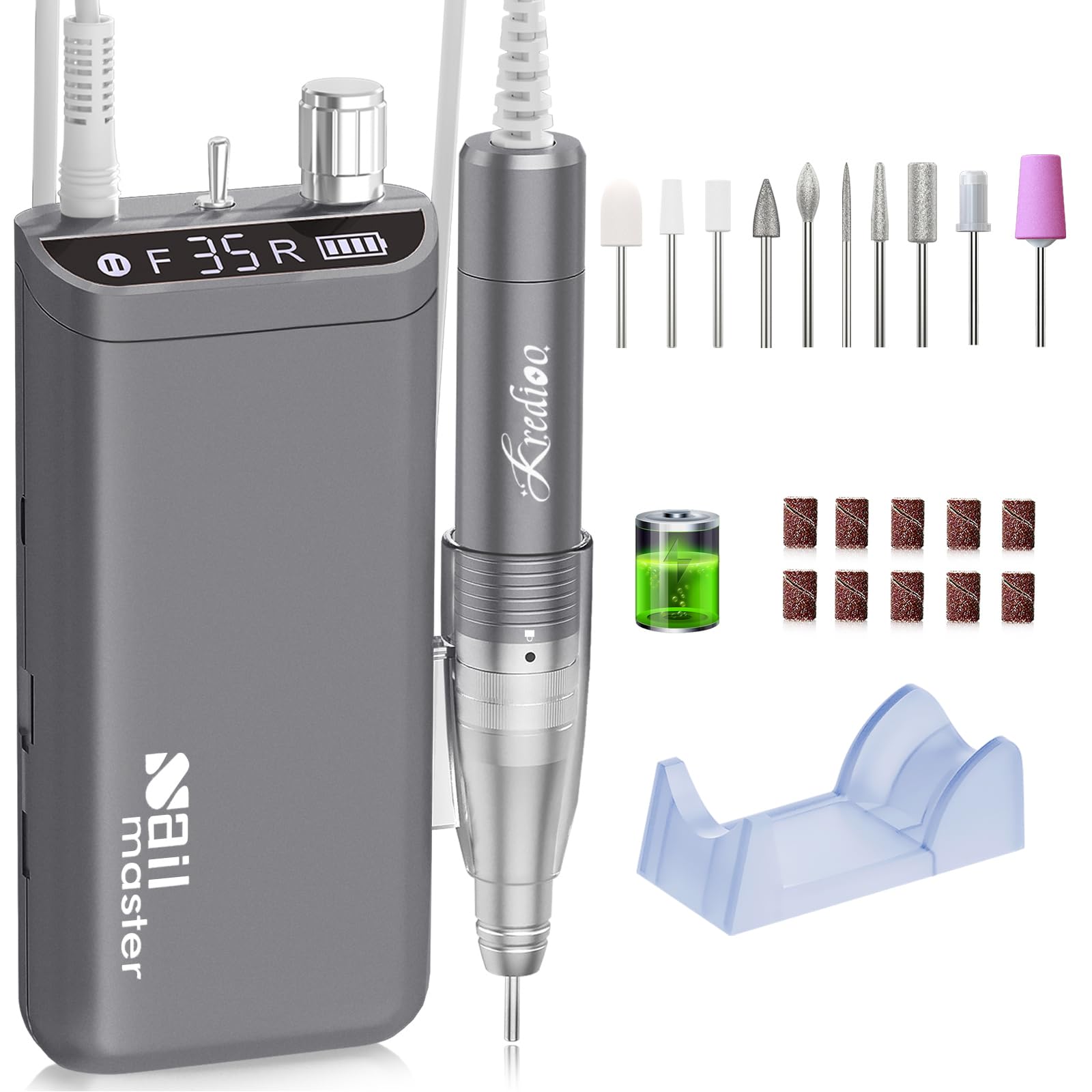 Professional Nail Drill Machine 35000RPM - Rechargeable Electric Nail File with 10 Bits Set for Acrylic & Gel Nails - Salon Quality Manicure Tool for Home & Professional Use - Quickly Remove Gel Polish - Portable & Grey Design - Perfect for DIY Nail Art & Salon Services