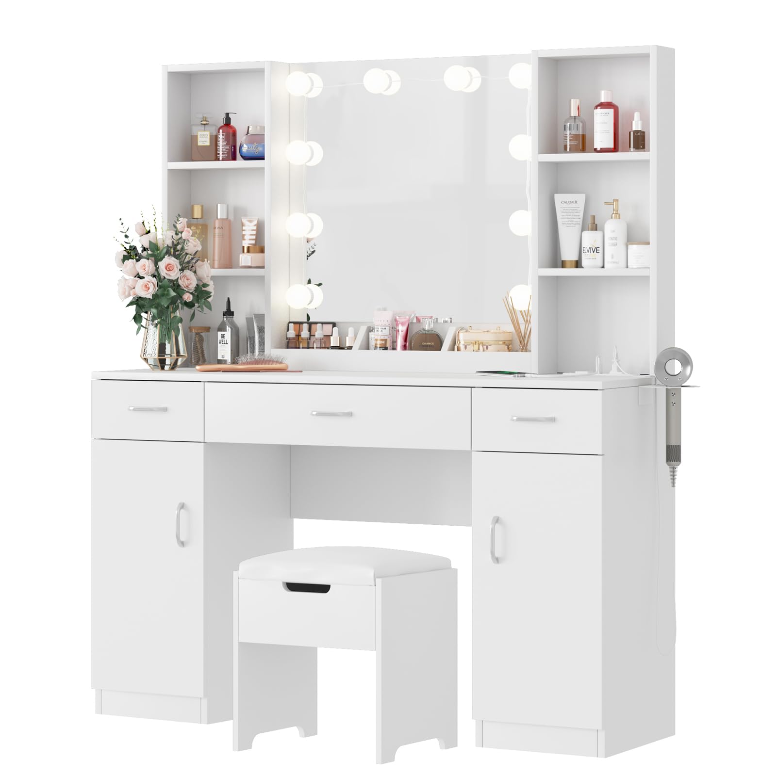 Vabches Makeup Vanity Table with LED Lighted Mirror & Built-in Power Outlet - Large Dressing Table with 3 Lighting Modes, Adjustable Brightness & Ample Storage (45.2 Inch) - Perfect for Bedroom, Dressing Room & Beauty Salon