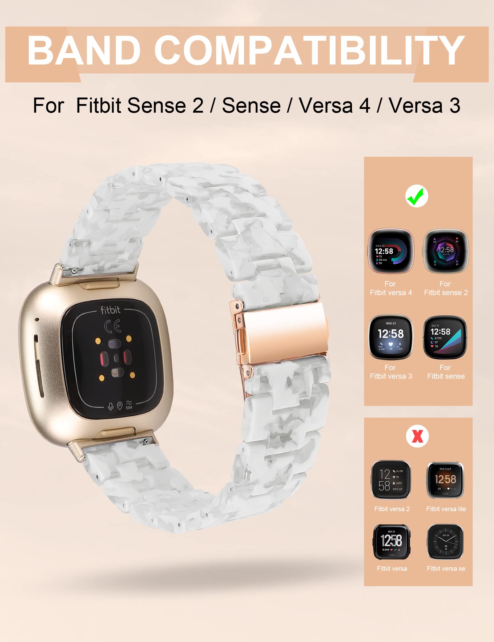 Premium Resin Replacement Band for Fitbit Sense/Sense 2/Versa 3/Versa 4 - Lightweight Comfortable Wrist Strap for Women & Men - Fashionable Fitness Tracker Accessory for Workouts, Running & Daily Wear