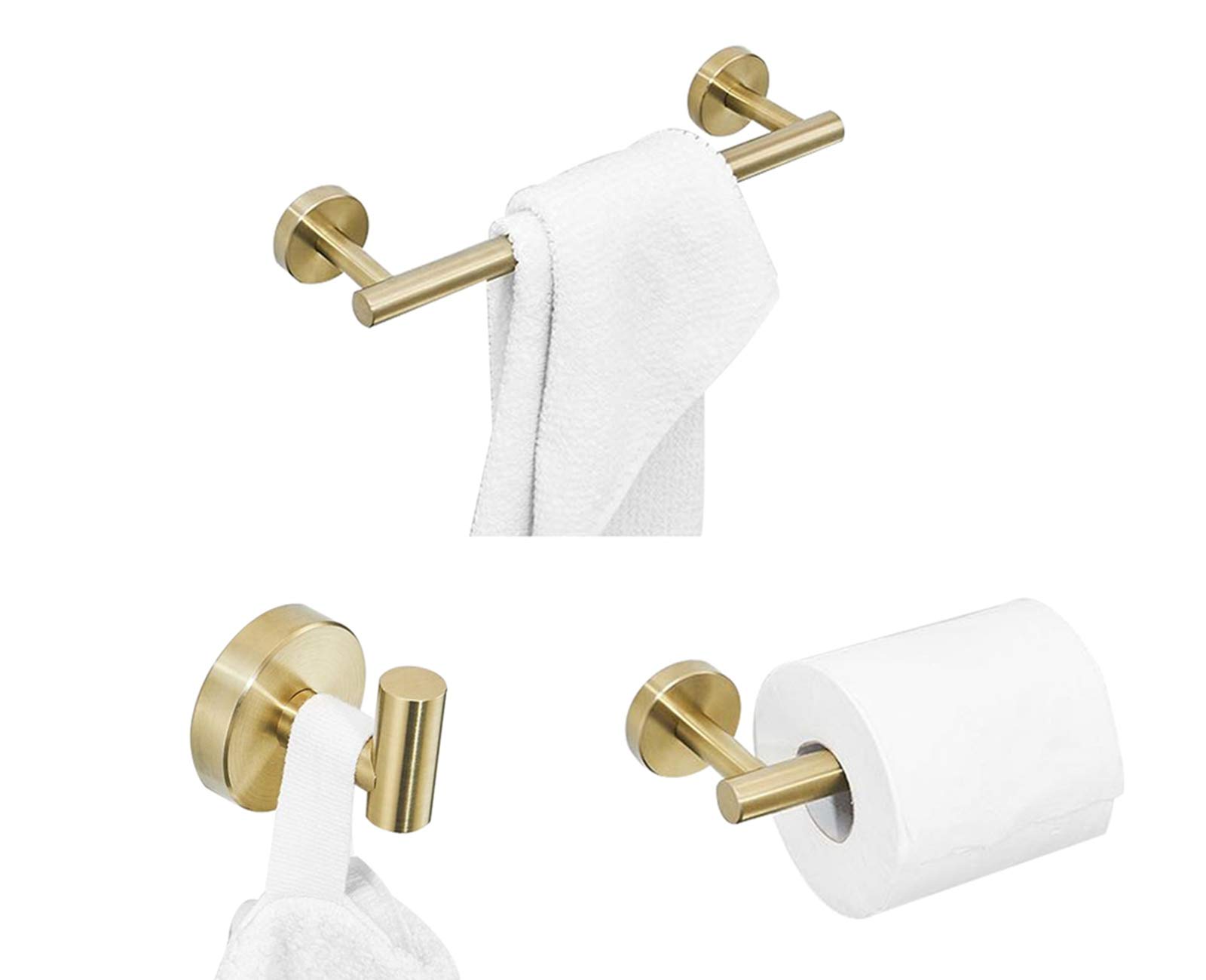 Premium Stainless Steel Bathroom Accessories Set - Towel Bar, Hook & Toilet Paper Holder (3-Piece, Gold) for Modern Bathroom & Spa Decor - KB-TS-01