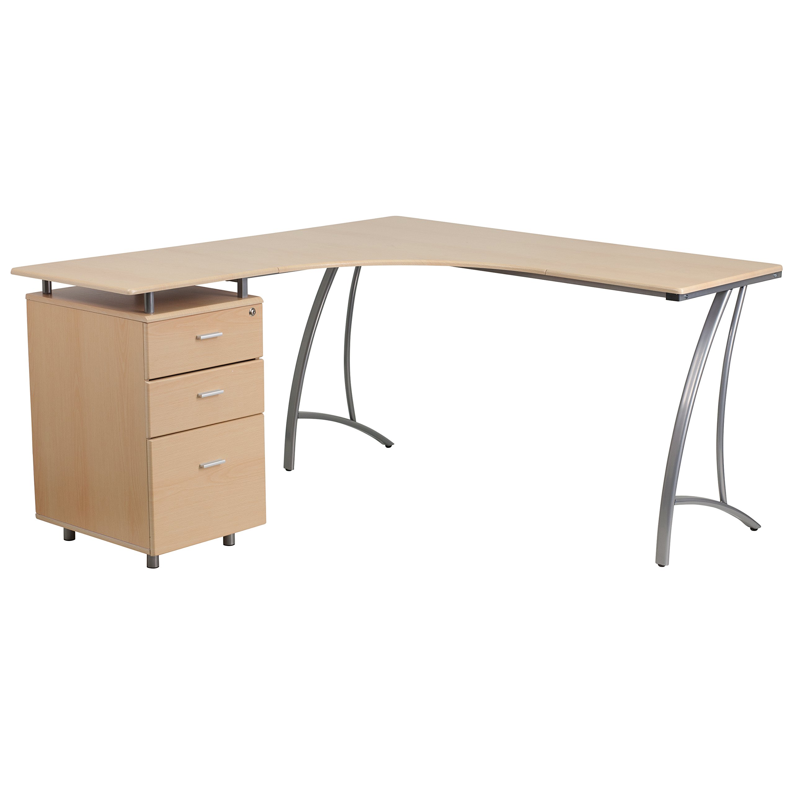 Flash Furniture Beech Laminate L-Shaped Office Desk with 3 Drawers - Modern Computer Workstation for Home Office, Study Room & Small Spaces