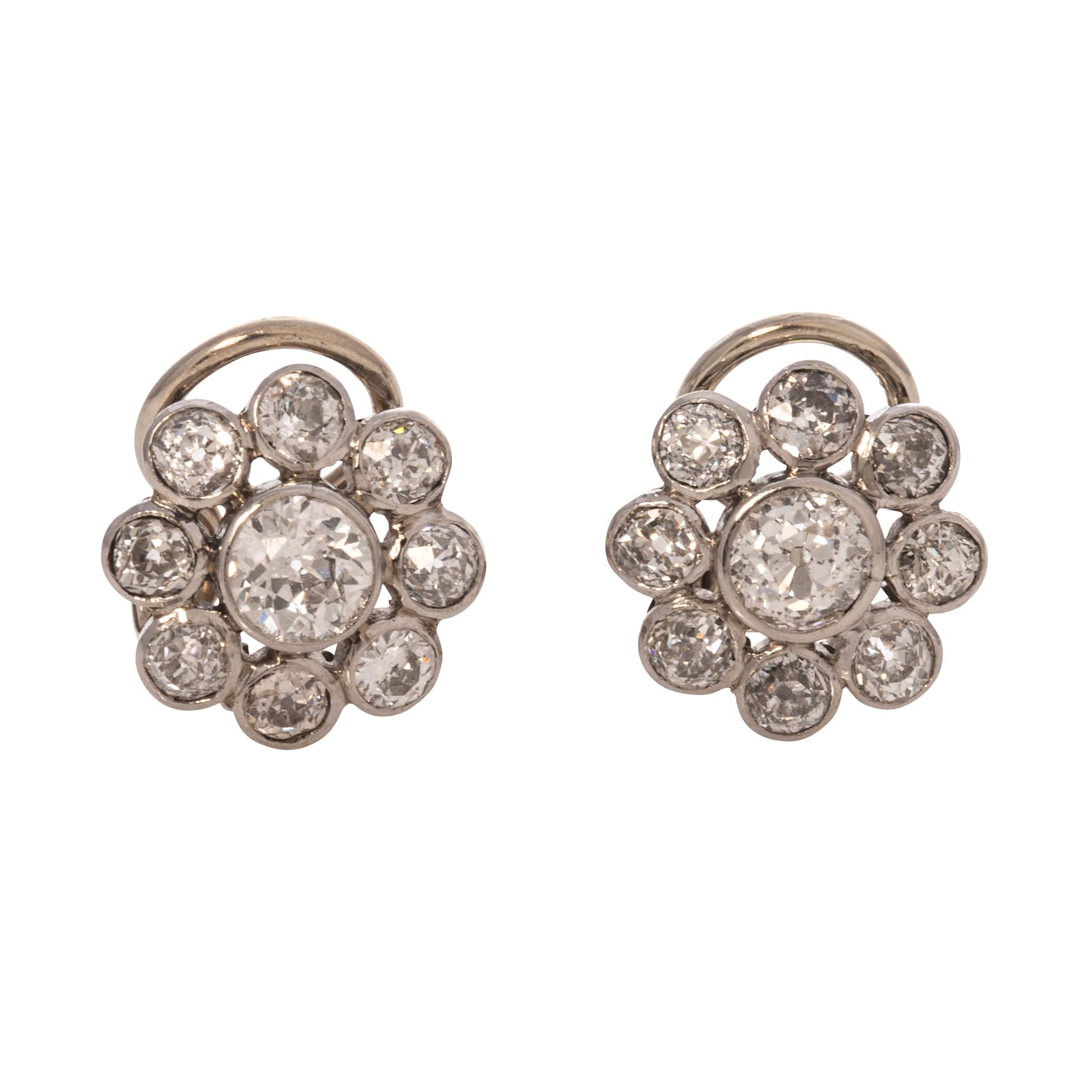Vintage 1.98ctw Diamond Flower Clip-On Earrings in Platinum & 18K Gold - Elegant Wedding, Anniversary & Special Occasion Jewelry Gift