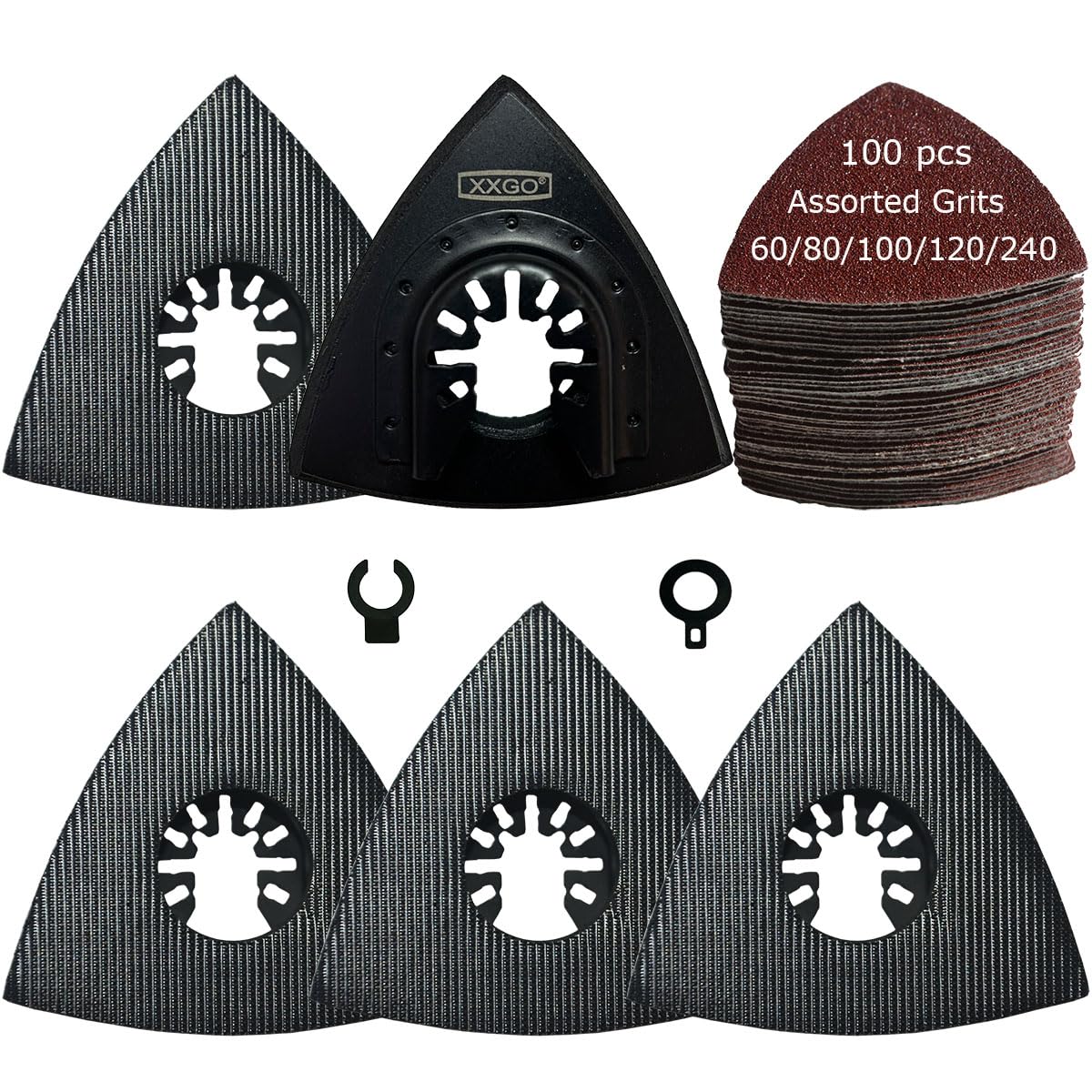 XXGO 105-Piece Triangular Sanding Pads Kit - 3-1/8 Inch (80mm) Multi-Grit Sandpaper (60/80/100/120/240) with 5 Durable Sanding Pads - Perfect for Woodworking, Metal Polishing & DIY Home Projects