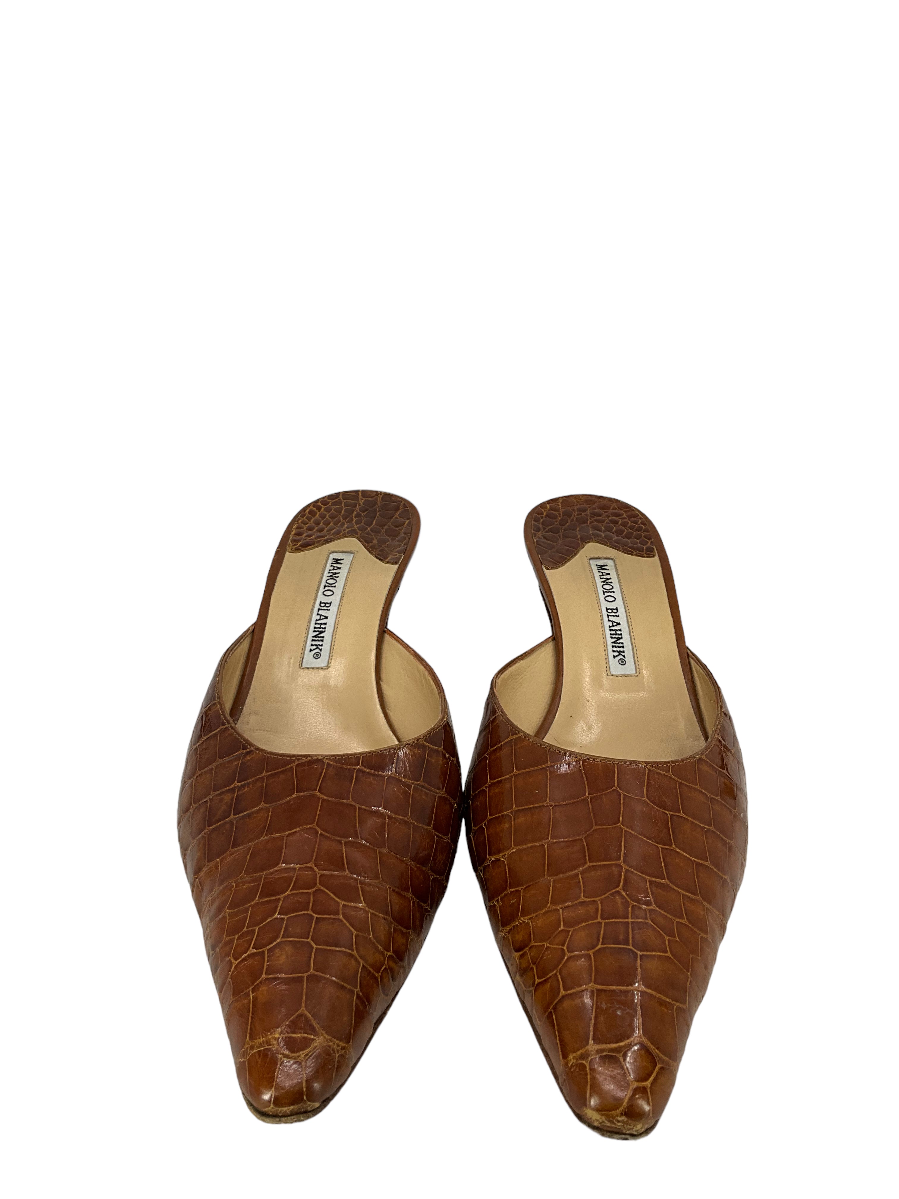 Manolo Blahnik Brown Alligator Leather Mules - Women's Size 11 (US) | Luxury Designer Slide Sandals for Parties, Weddings & Evening Events
