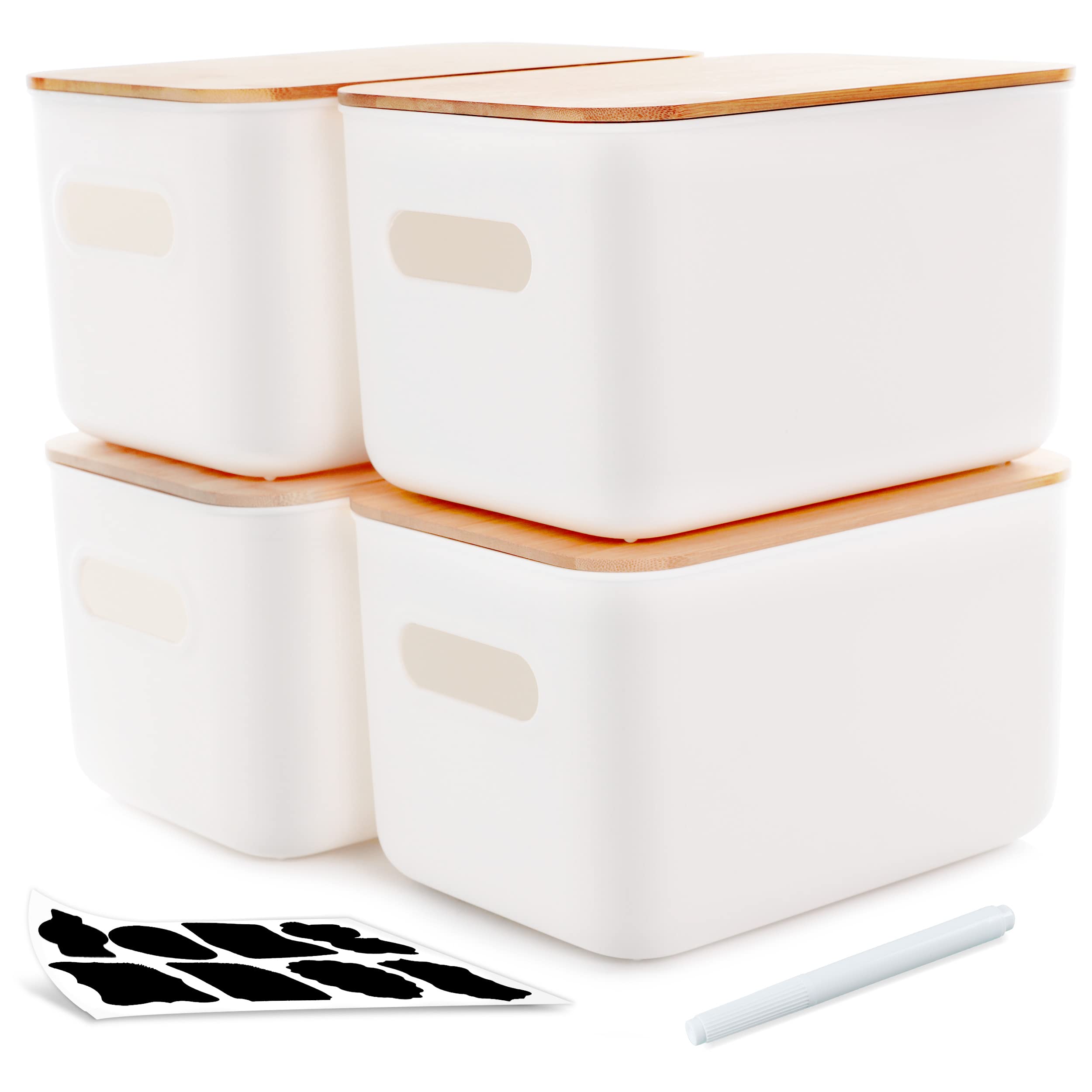 4-Pack Stackable Plastic Storage Bins with Bamboo Lids - 10.24 x 7.01 x 6.1 Inch Organizing Containers for Pantry, Closet & Office - Includes Labels & Marker | Space-Saving Home Organization Solution
