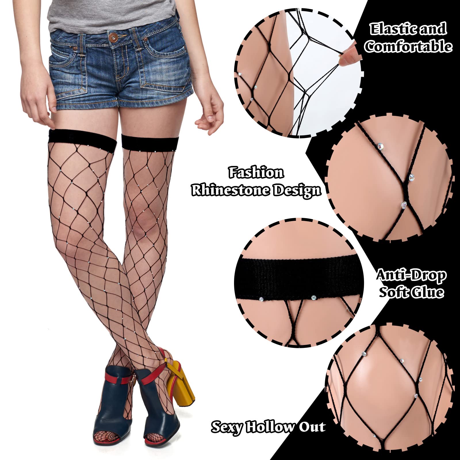 BBTO 3 Pairs Rhinestone Fishnet Thigh High Stockings for Women - Sexy Elastic Mesh Socks & Pantyhose for Party, Cosplay, Halloween & Night Out