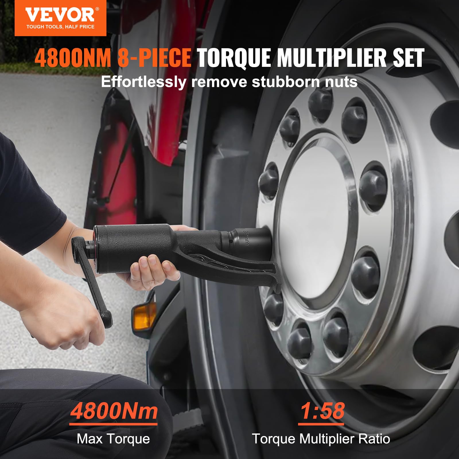 VEVOR 1 Inch Drive Heavy Duty Torque Multiplier Wrench Set with 8 Sockets (24-38mm) & Storage Case - 4800N.m Lug Nut Remover, 1:58 Ratio for Truck, RV, and Industrial Equipment Maintenance