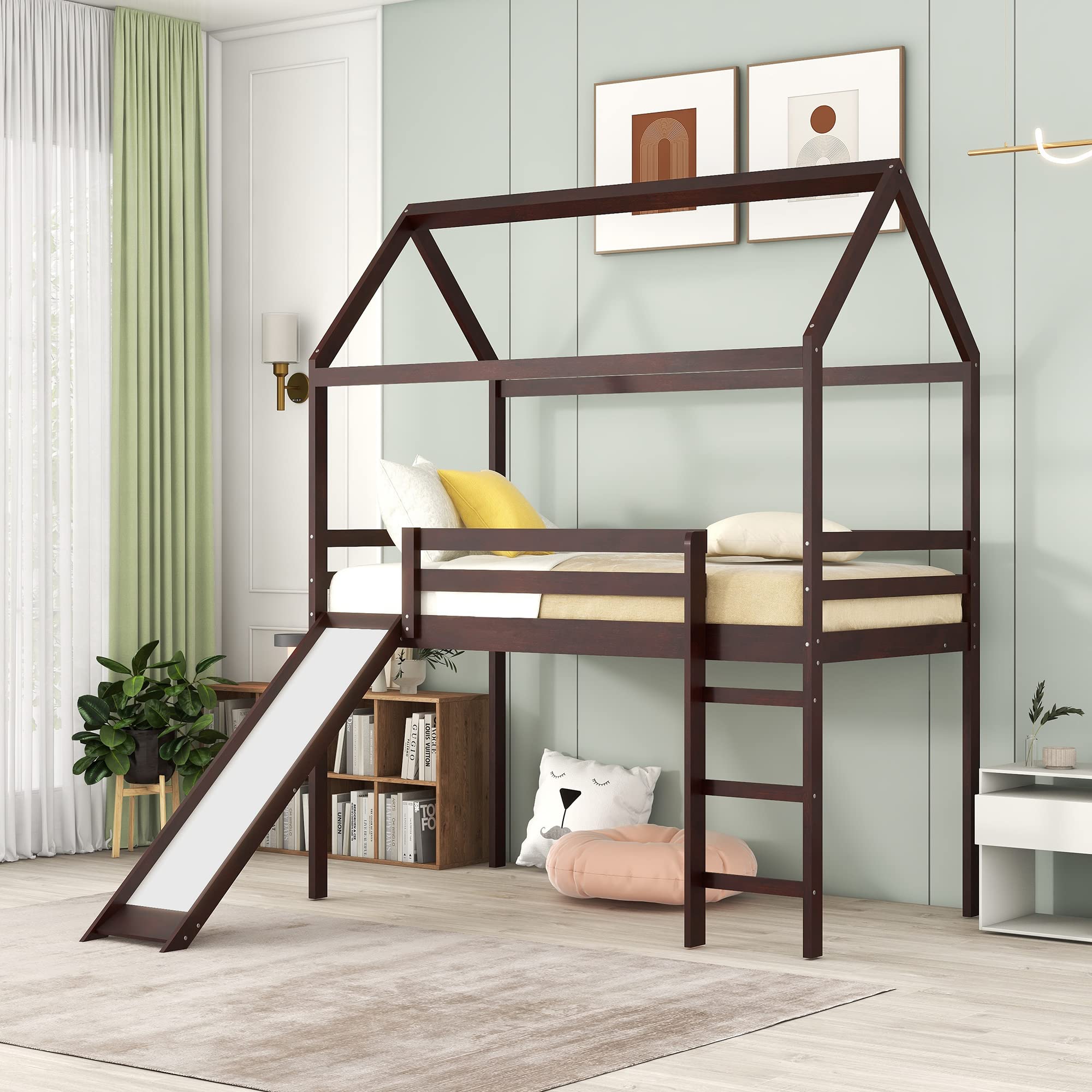 Merax Twin Size Loft Bed with Slide - House Shaped Kids Bunk Bed Frame with Ladder & Slats, No Box Spring Needed | Perfect Space-Saving Solution for Boys & Girls Bedrooms, Playrooms & Small Spaces