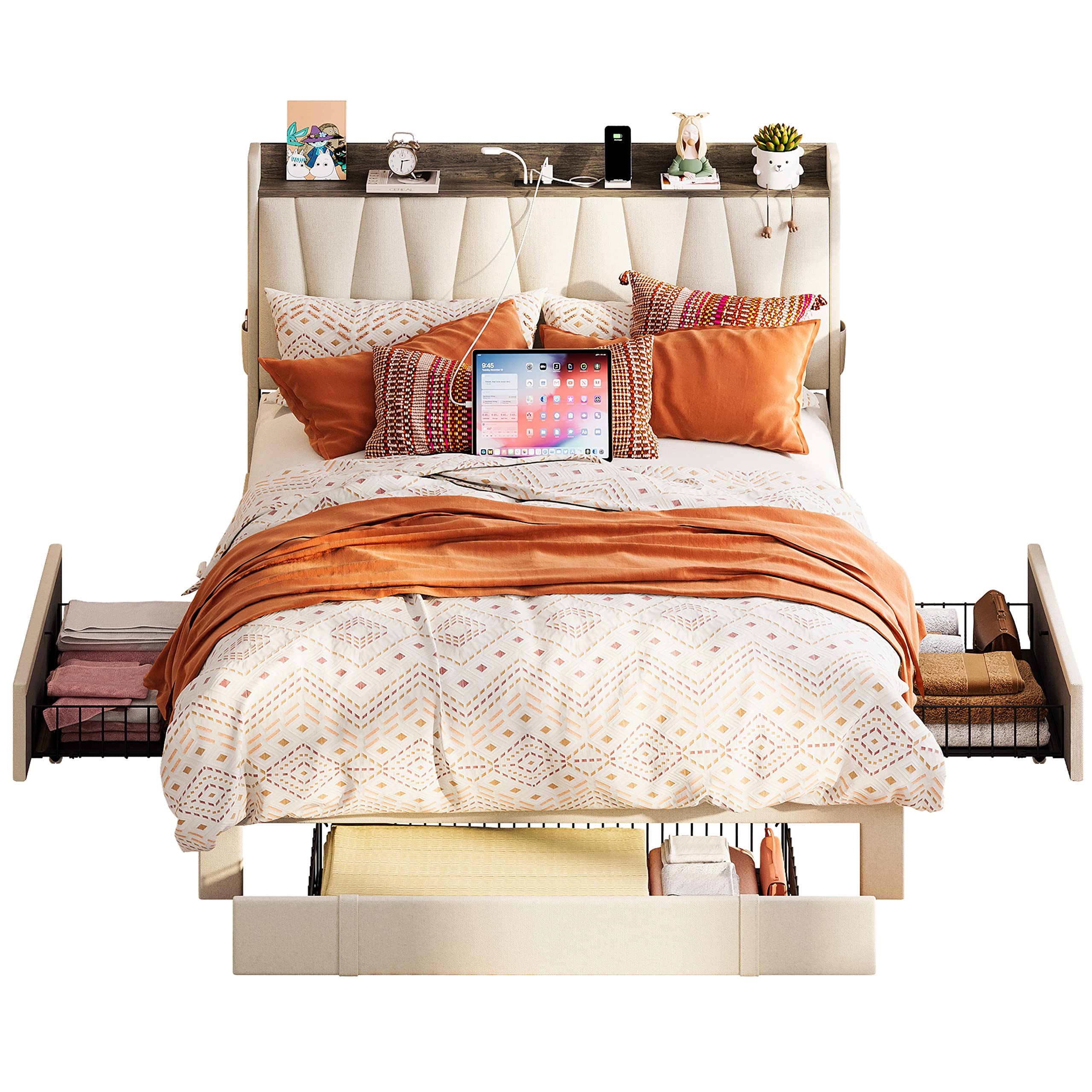 ANCTOR Full Size Bed Frame with 3 Drawers & Upholstered Storage Headboard - No Box Spring Needed Platform Bed with USB Charging Station, Easy Assembly, Beige - Perfect for Small Bedrooms, Guest Rooms & Dormitories