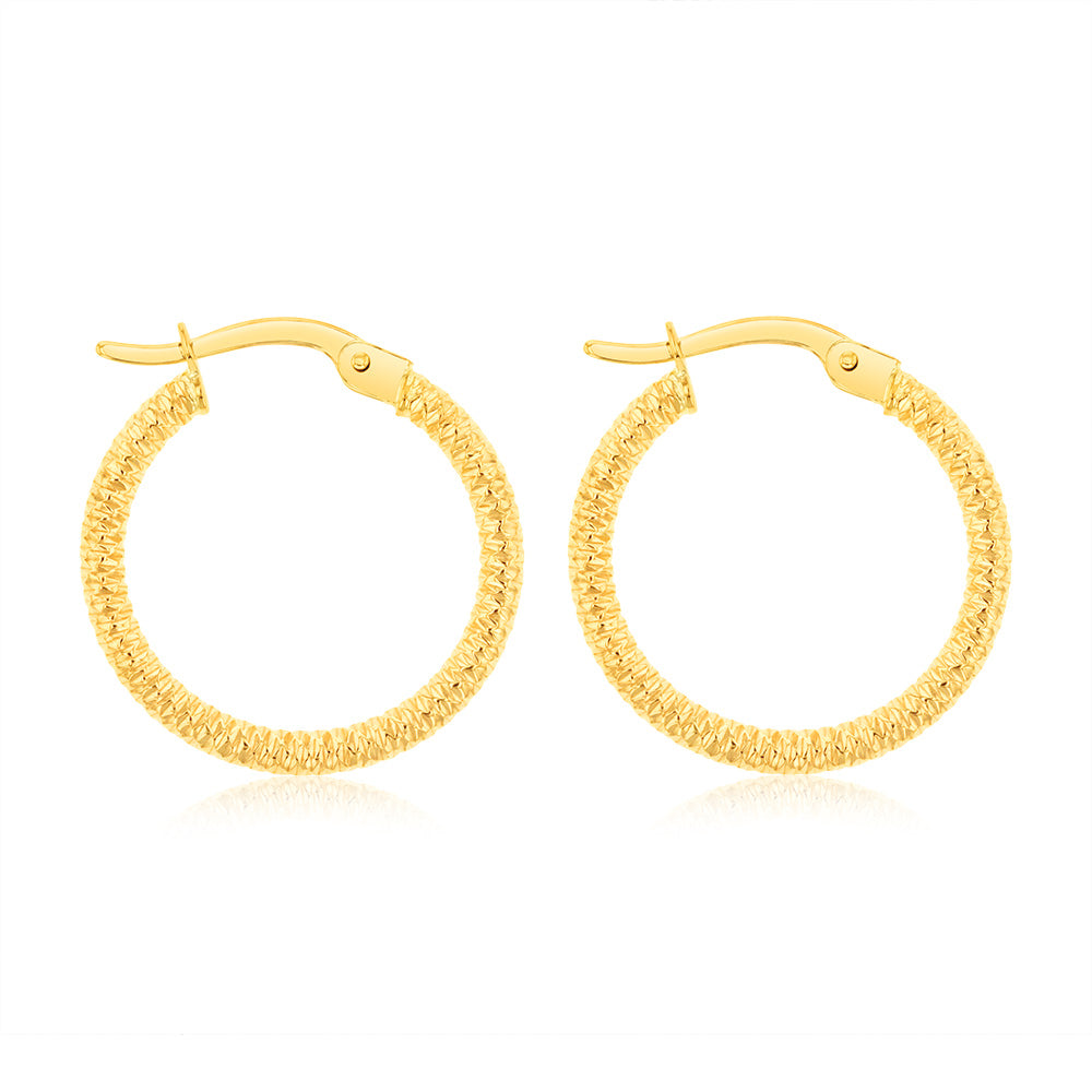 9ct Yellow Gold 15mm Textured Hoop Earrings for Women - Elegant Everyday Jewelry for Work, Date Night & Special Occasions