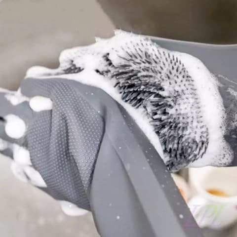 DHONI Multipurpose Cleaning Gloves for Kitchen, Dishwashing, Housework & Cars - Durable Rubber Scrubbing Gloves with Sponge Brush (Grey, Pack of 1) - Perfect for Washing Utensils, Car Detailing & Household Chores