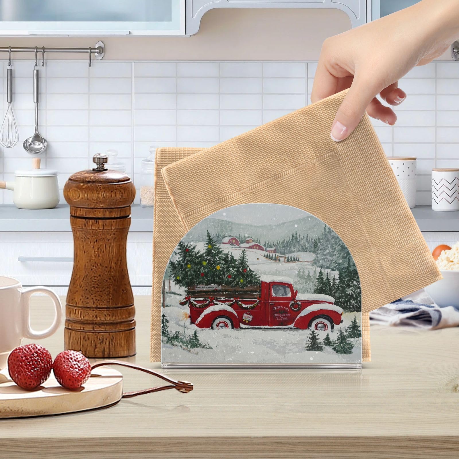 Red Christmas Truck Snow Winter Acrylic Napkin Holder - Holiday Table Decor for Kitchen, Dining, Party & Bathroom | Tissue Paper Dispenser for Festive Gatherings, Cocktail Parties & Home Decor