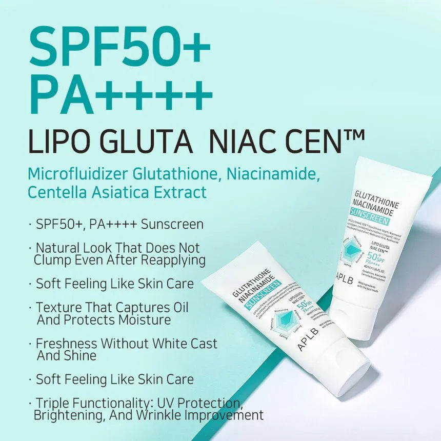 APLB Glutathione Niacinamide Sunscreen SPF50+ PA++++ 40ml - Brightening & Anti-Aging Face Sunscreen for Daily UV Protection - Perfect for Outdoor Activities & Skincare Routine