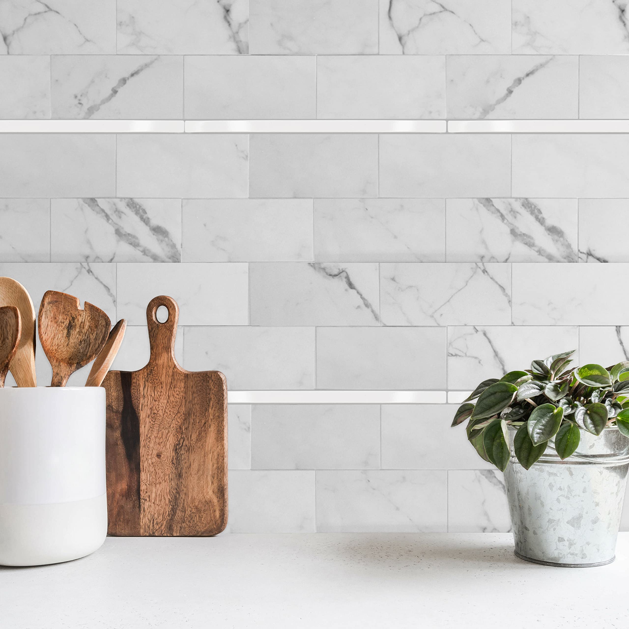 Questech Decor 1/2 x 12 Inch Linear Flat Pencil Tile Edge Trim Cap - Bright White Polished (12 Pack) - Perfect for Shower Tile Liner, Kitchen Backsplash Border & Bathroom Wall Tile Decoration