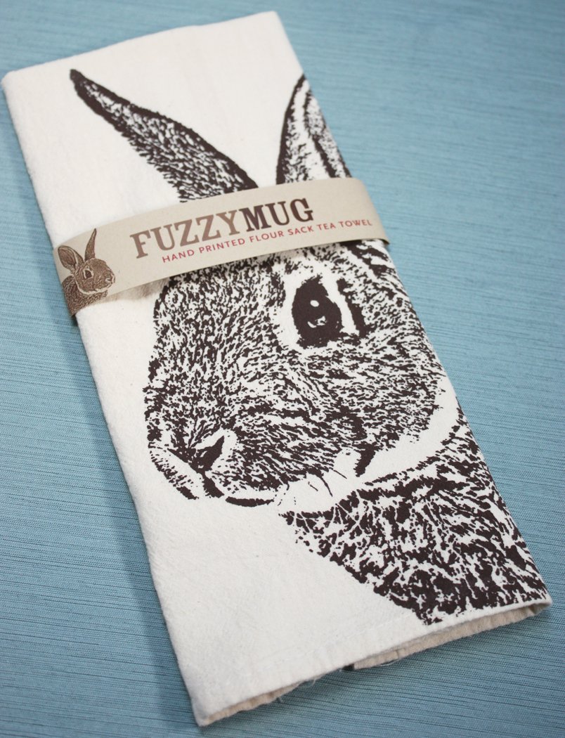 Hand-Printed Brown Bunny Rabbit Tea Towel - 100% Cotton Flour Sack Kitchen Towel for Baking, Dish Drying & Farmhouse Decor