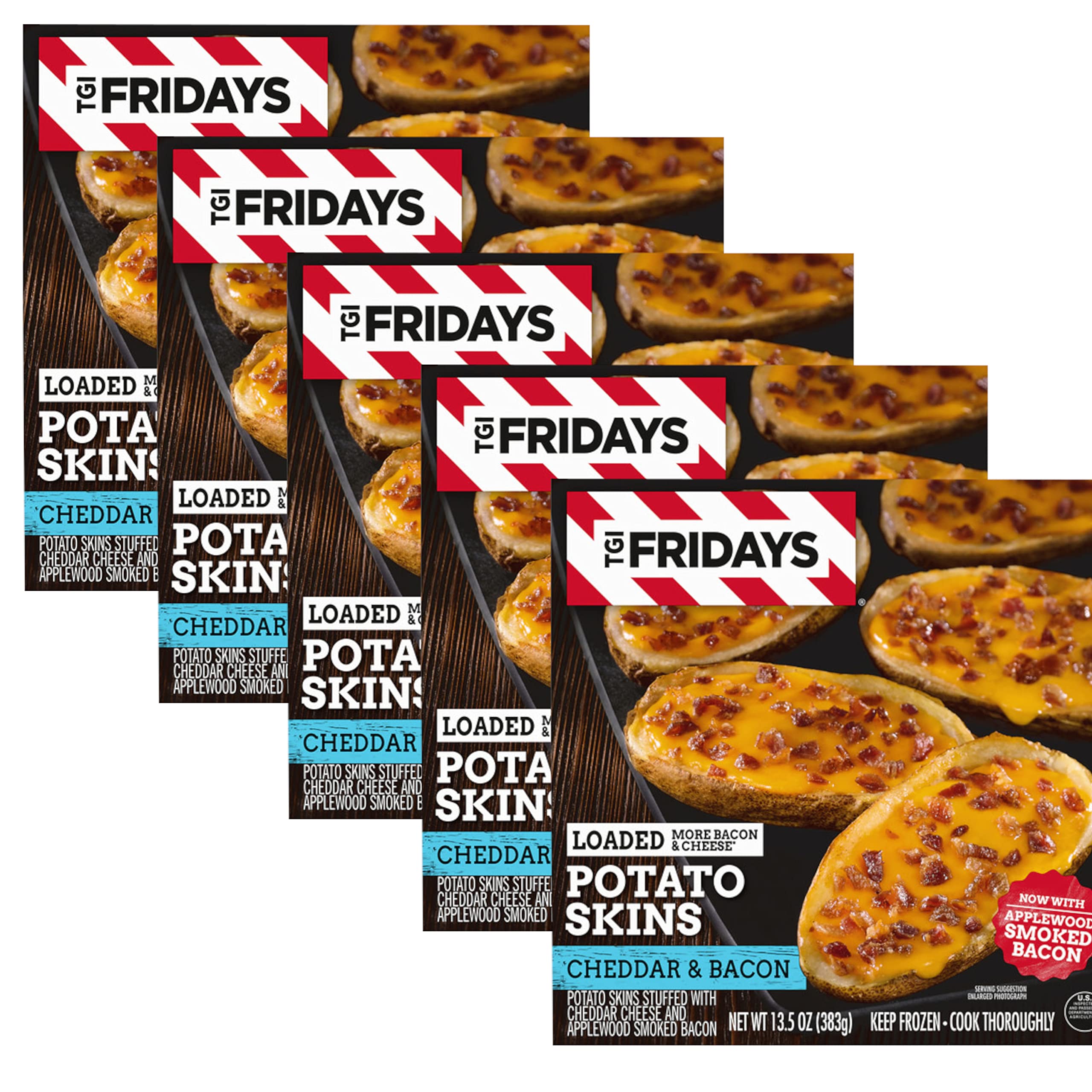 TGI Fridays Frozen Loaded Cheddar & Bacon Potato Skins Appetizers - 5 Pack (13.5 oz Each) | Easy Oven-Baked Snack for Parties, Game Nights & Family Gatherings