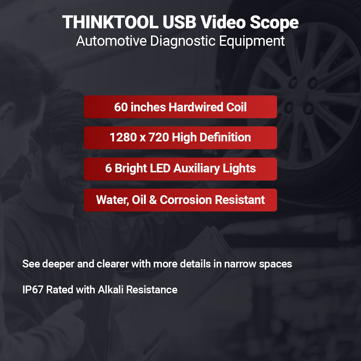 60 Inch USB Automotive Inspection Camera with LED Light - Flexible Borescope for Engine, Pipe & HVAC Diagnostics - Waterproof Endoscope for Mechanics & DIY Repairs