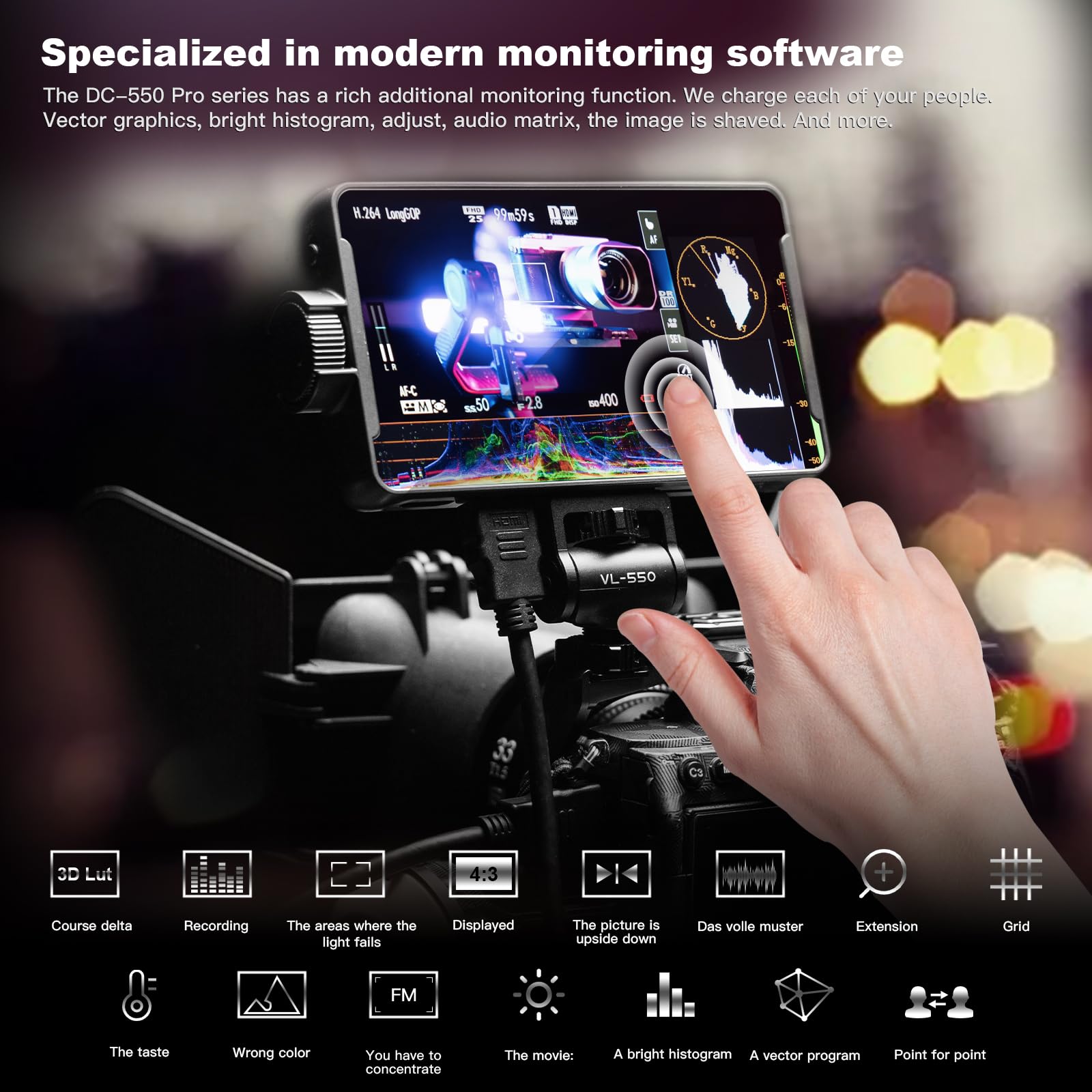 VILTROX DC-550 PRO 5.5 Inch 4K HDMI Touchscreen Camera Monitor - 1200nits Brightness, Exposure & Focus Assist, Waveform for DSLR/Mirrorless - Compatible with Sony Canon Nikon - Perfect for Outdoor Filming & Studio Photography