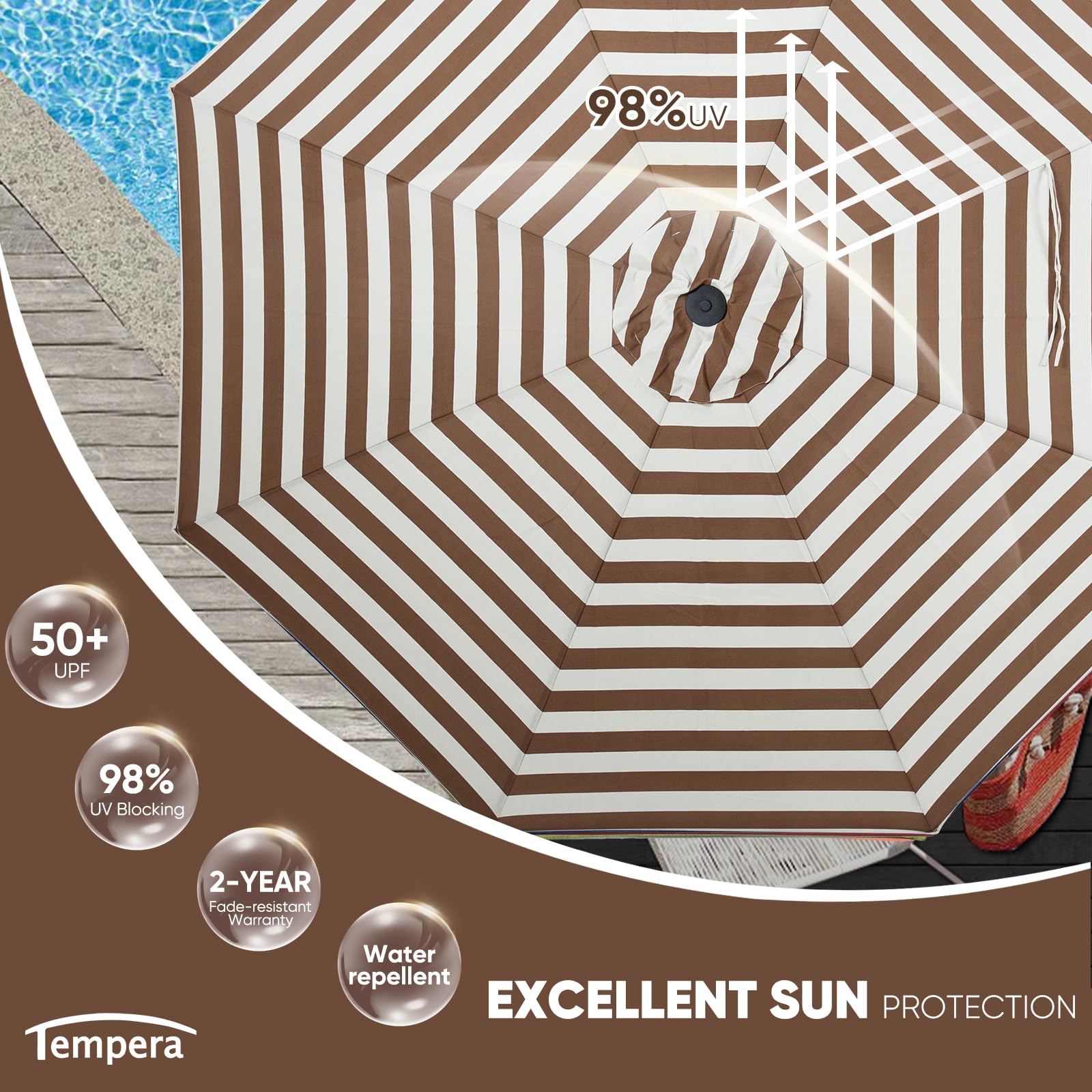 Tempera Patio Market Outdoor Table Umbrella with Auto Tilt & Crank - Large Sun Shade Umbrella with Sturdy Pole & Fade-Resistant Canopy - Easy Setup for Backyard, Poolside & Outdoor Dining