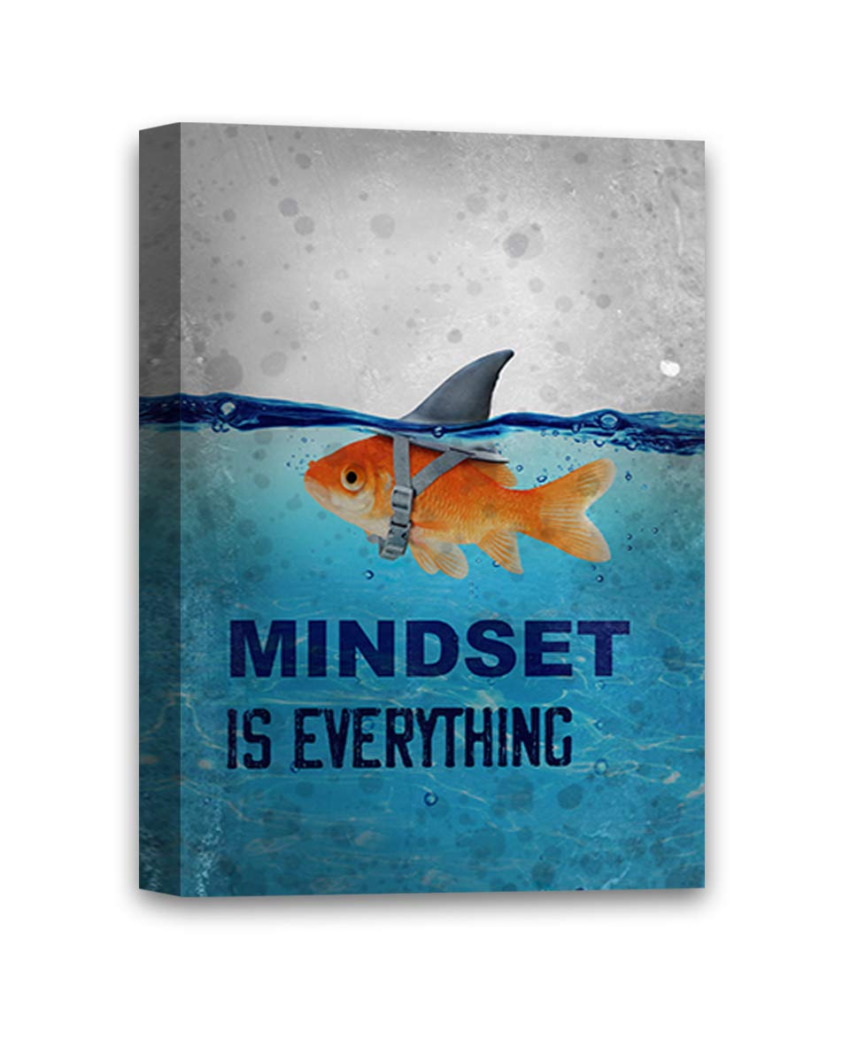 Inspirational Wall Art Canvas - Motivational Entrepreneur Quotes & Mindset is Everything Decor - Big Shark Goldfish Design for Office, Home & Gym Decor