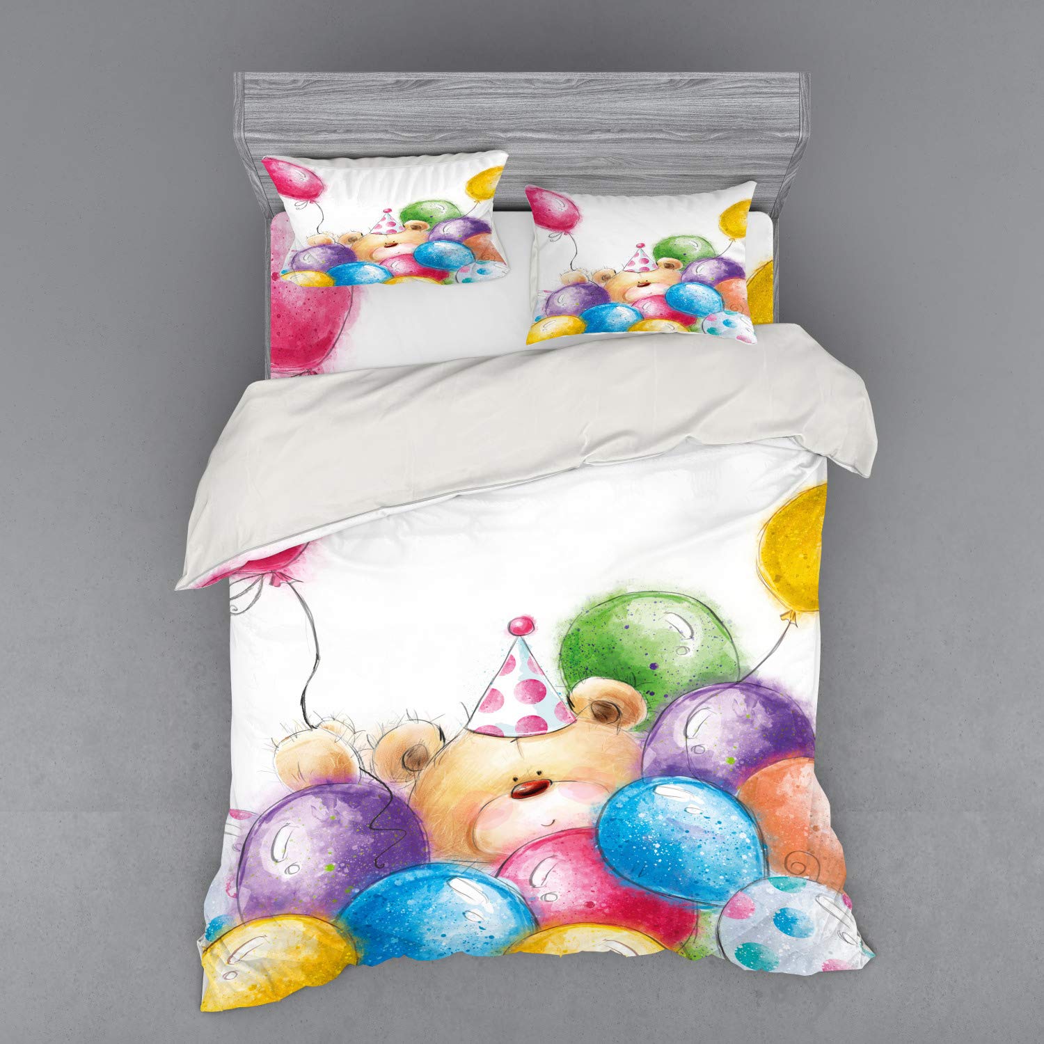**Ambesonne Birthday Bedding Set - Hand Drawn Teddy Bear & Balloons Print, 4-Piece Duvet Cover Set with Shams & Fitted Sheet, Queen Size, Multicolor - Perfect for Kids' Rooms, Birthday Gifts & Themed Bedroom Decor**