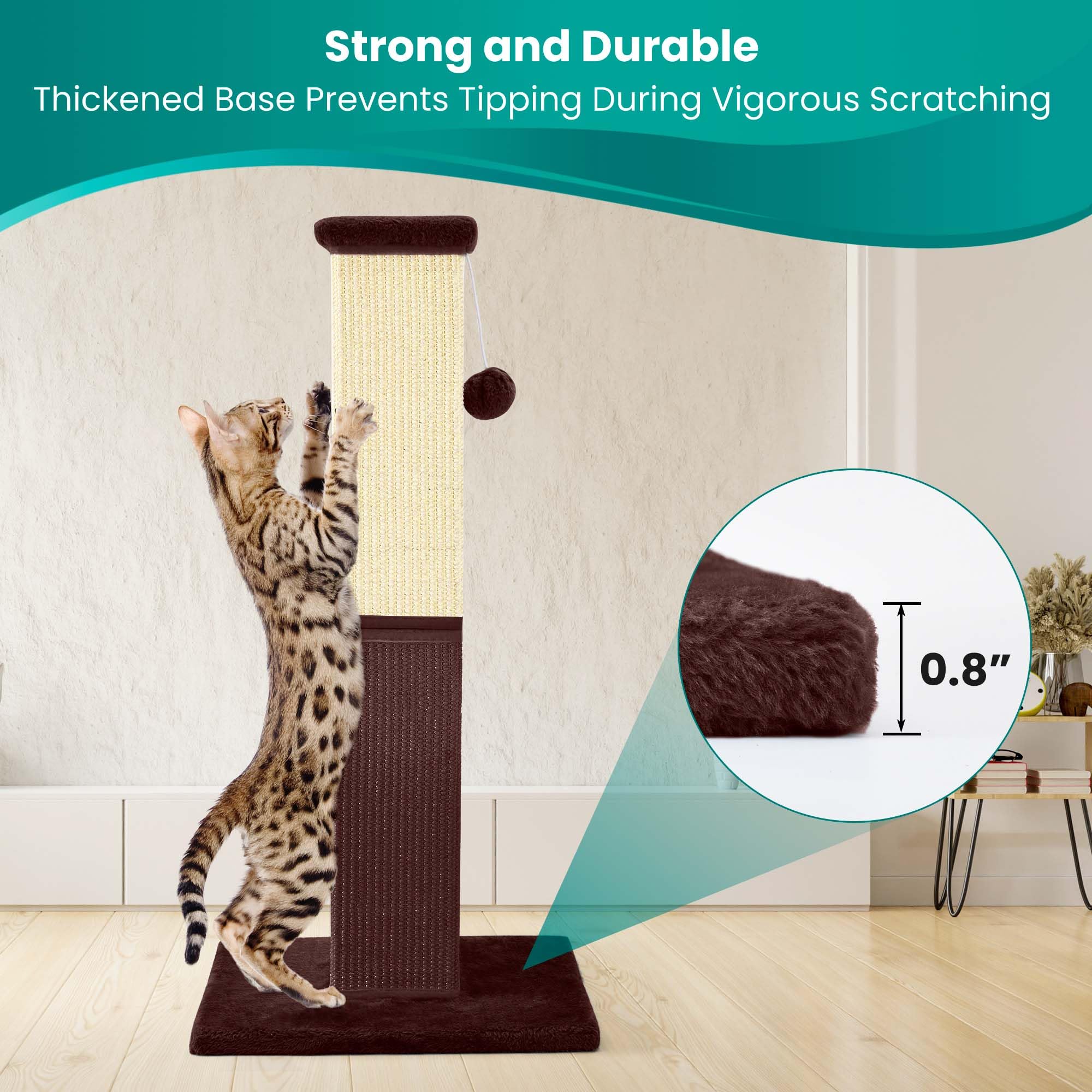 32 Inch Tall Cat Scratching Post for Large Cats - Natural Sisal Cat Scratcher for Indoor Kittens & Adult Cats (Brown) - Perfect for Living Room, Bedroom & Home Office Cat Furniture