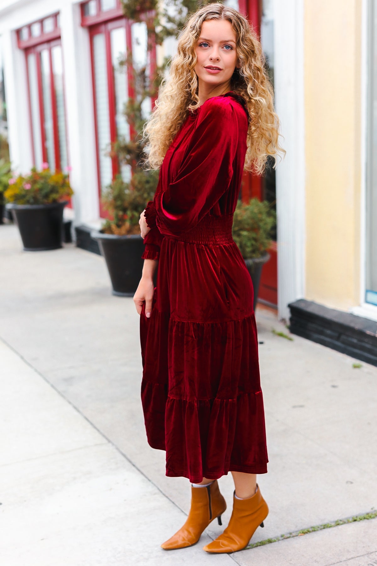 Burgundy Velvet Mock Neck Smocked Waist Dress for Women - Elegant Holiday Party & Christmas Dinner Outfit