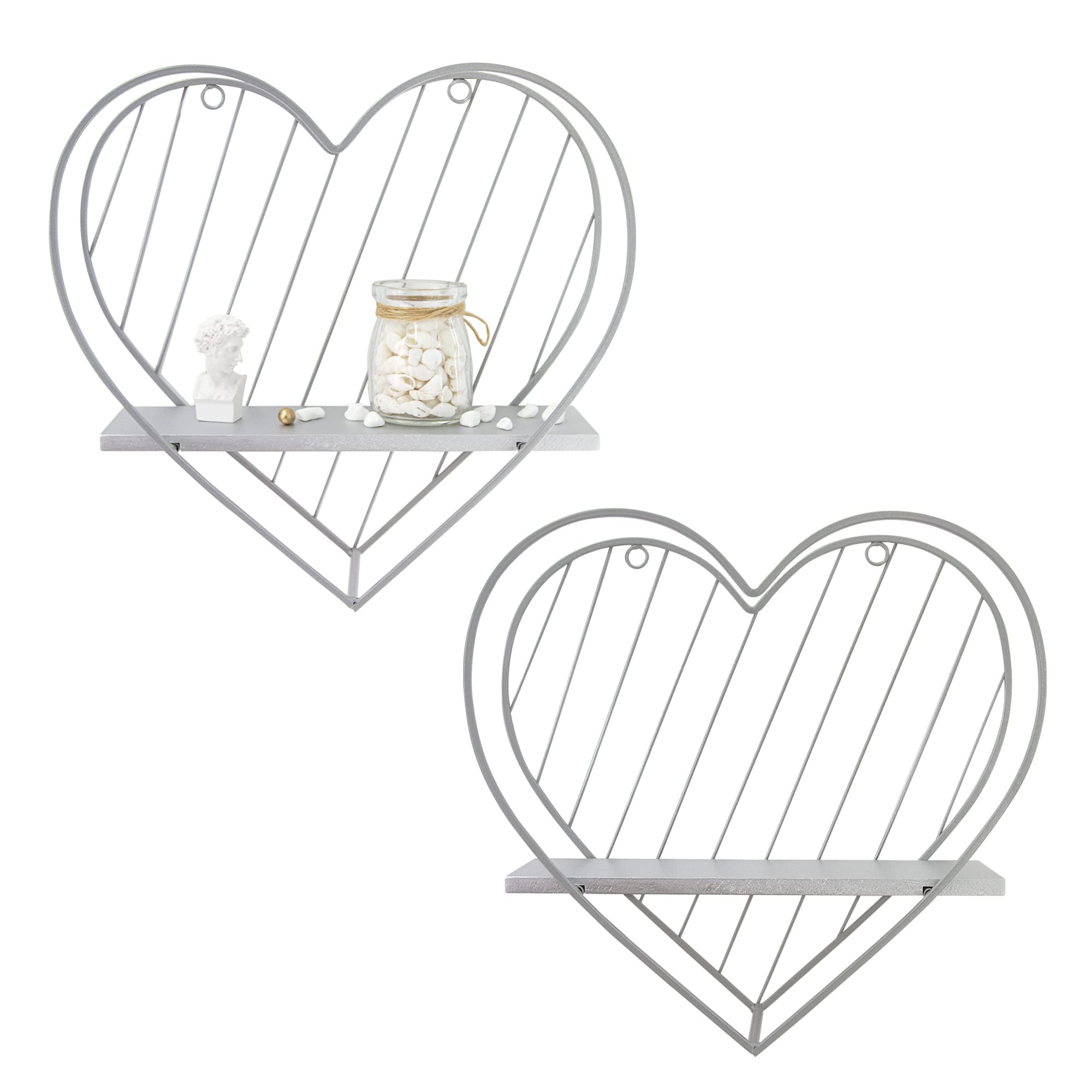 Afuly Floating Shelves Set of 2 - Grey Heart Metal Wall Shelf with Solid Wood Board, Silver Wall Mounted Display Shelf for Bedroom, Living Room, Bathroom - Perfect for Plant Display, Home Decor & Storage Organization