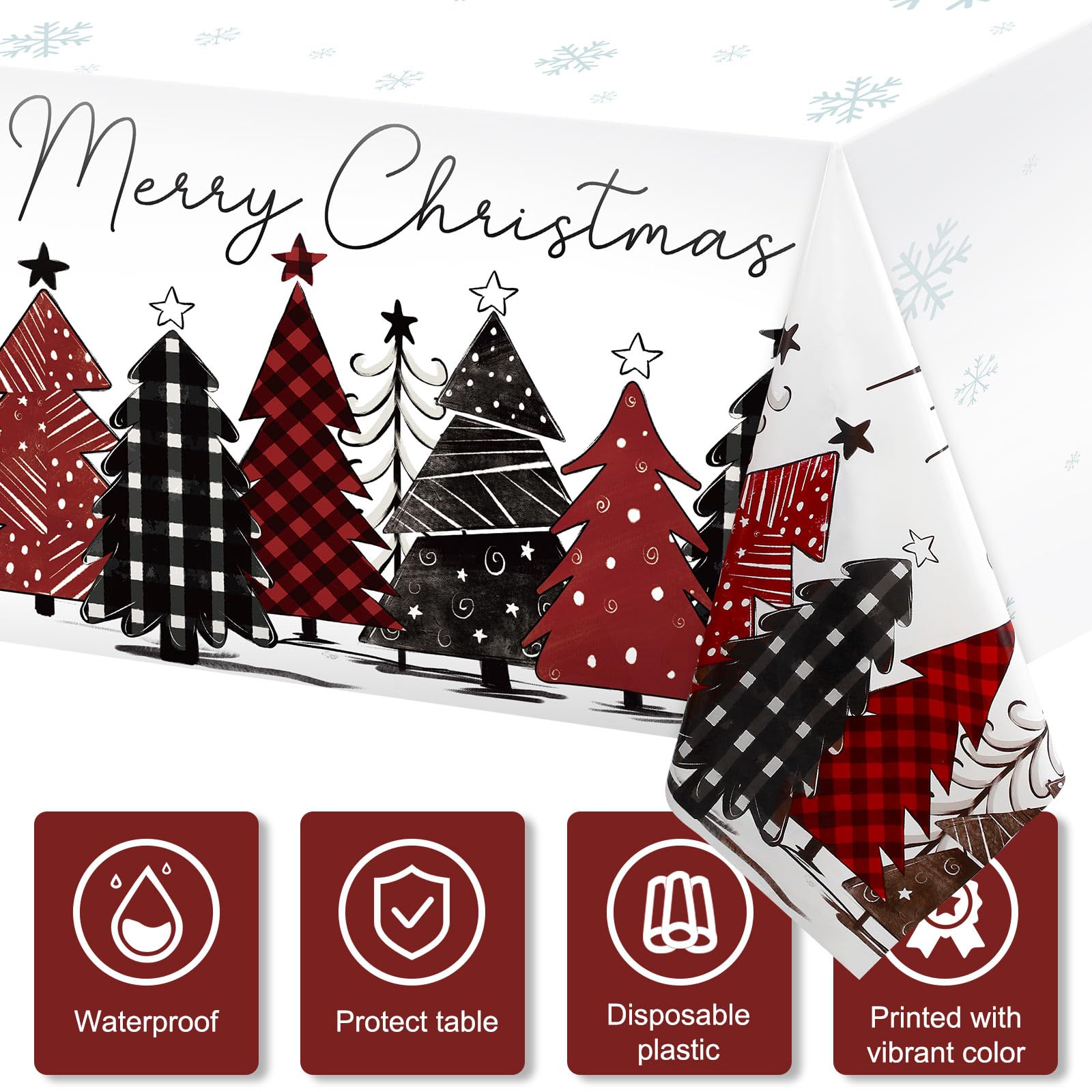 3 Pack Disposable Christmas Tablecloth - Buffalo Plaid Snowflake Plastic Table Cover for Holiday Party, Picnic, Dinner Decor (54x108 Inch) - Perfect for Christmas Tree Skirt, Festive Dining & Seasonal Gatherings