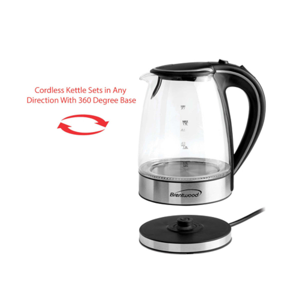 Brentwood KT 1900BK 1.8 Quart Glass Electric Kettle - Fast Boiling, Cordless, BPA-Free for Tea, Coffee & Hot Water - Perfect for Home, Office & Dorm Use