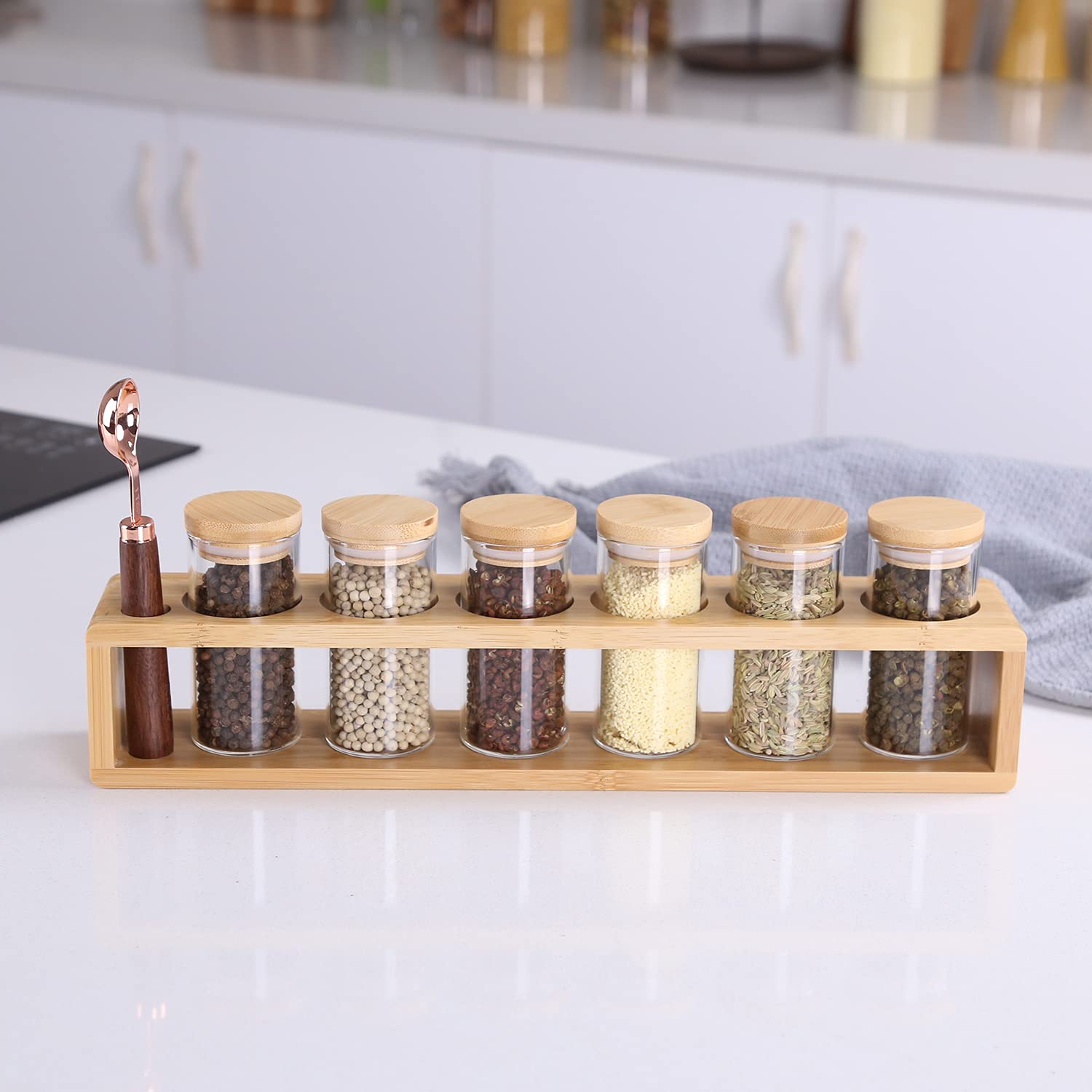 KKC HOME ACCENTS 6-Piece Glass Spice Jars Set with Bamboo Lids, Wooden Rack & Measuring Spoon - 3.4oz Airtight Kitchen Spice Containers for Countertop Organization | Perfect for Cooking, Baking & Pantry Storage