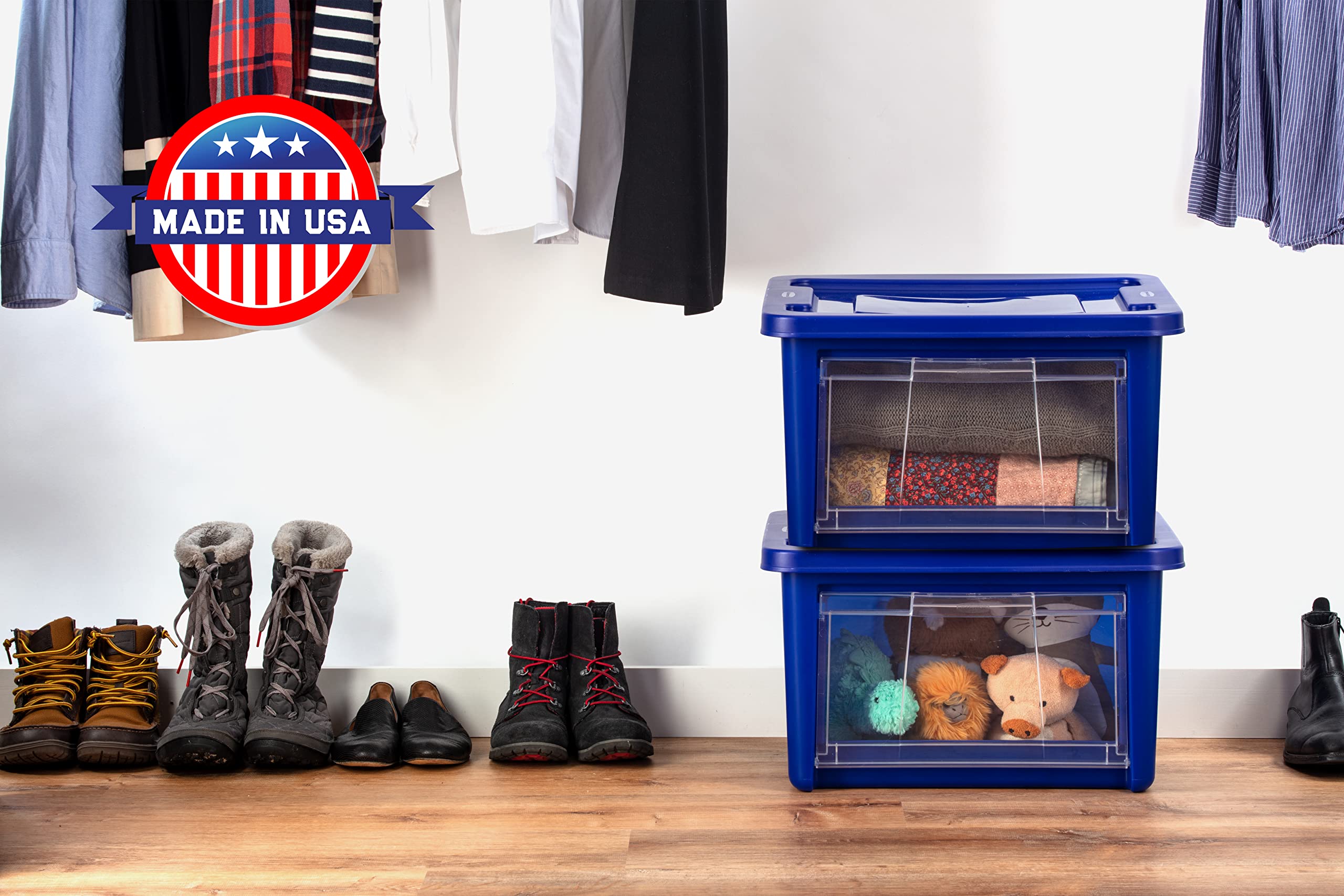 Rubbermaid 4-Pack Small All-Access Storage Totes with Lids - Stackable Clear Drop-Door Bins with Handles for Closet, Pantry & Home Organization - Blazer Blue Plastic Containers for Toys, Clothes & Household Items