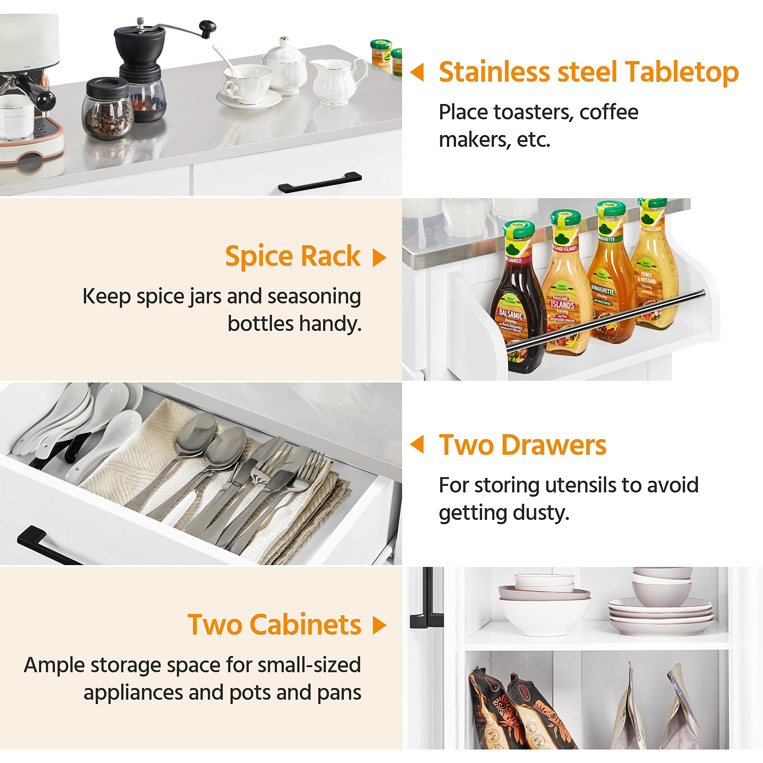 Yaheetech White Kitchen Island Cart with Stainless Steel Countertop, Portable Rolling Cabinet with Adjustable Shelves & 2 Drawers, Perfect for Small Kitchens, Dining Rooms, and Home Office Storage