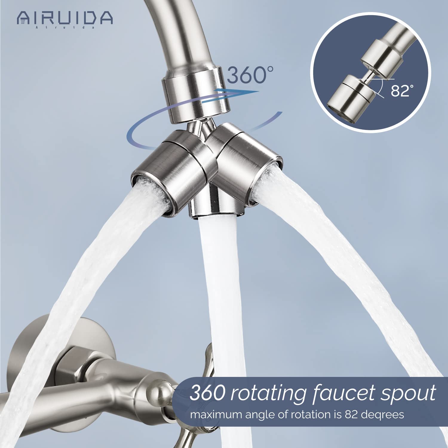 Airuida Brushed Nickel 8-Inch Wall Mount Kitchen Faucet with Sprayer, Stainless Steel Commercial Faucet Connector Set for Restaurant and Home Use