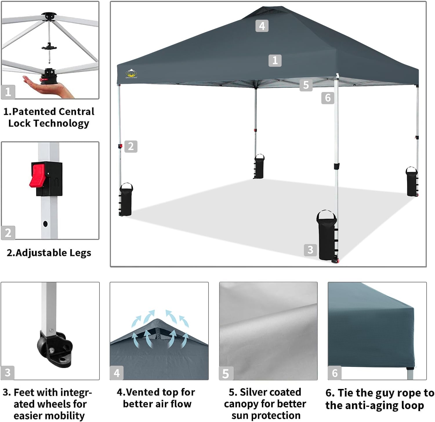10x10 Pop Up Canopy Tent - Instant Beach Sun Shelter with One Push Setup | Portable Outdoor Gazebo for Parties, Camping & Backyard Events | Includes STO-N-Go Cover Bag & Silver-Coated Top (Grid Grey) | Perfect for Beach Days, Tailgating & Outdoor Gatherings