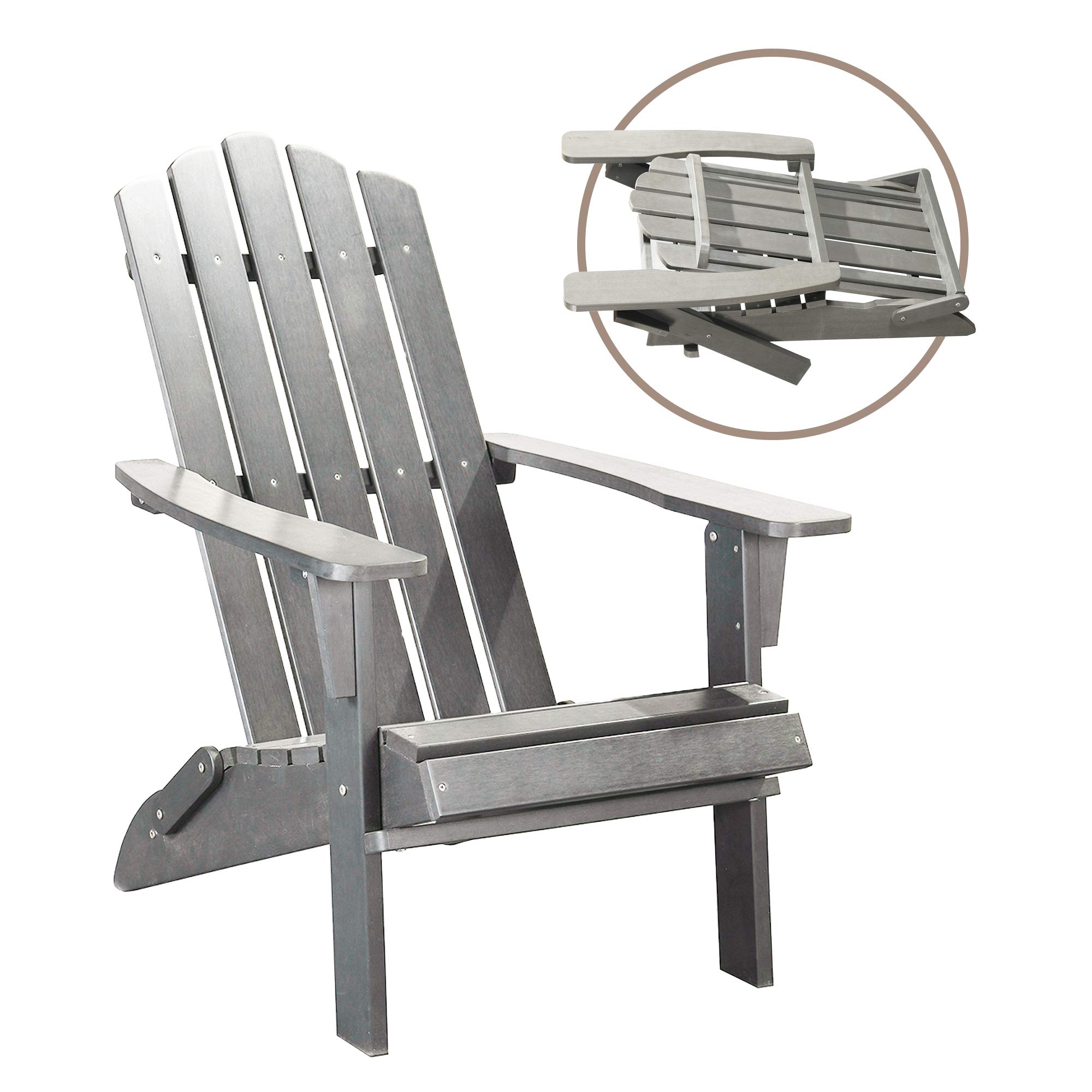 Premium Poly Lumber Folding Adirondack Chair - All Weather Resistant Outdoor Patio Furniture, Classic Grey Plastic Adirondack Chair for Garden, Firepit & Backyard Relaxation - Perfect for Poolside Lounging, Camping & Beach Use (1 Chair)